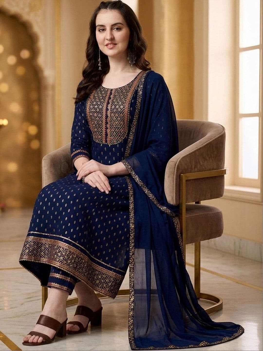 QUEENSFAB Women Ethnic Motifs Printed Empire Thread Work Kurta with Trousers & With Dupatta - view 1