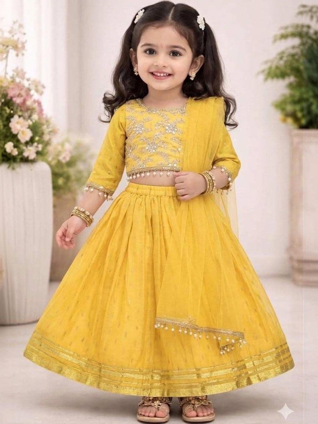 KALINI Girls Embellished Mirror Work Ready to Wear Lehenga & Blouse With Dupatta - view 1