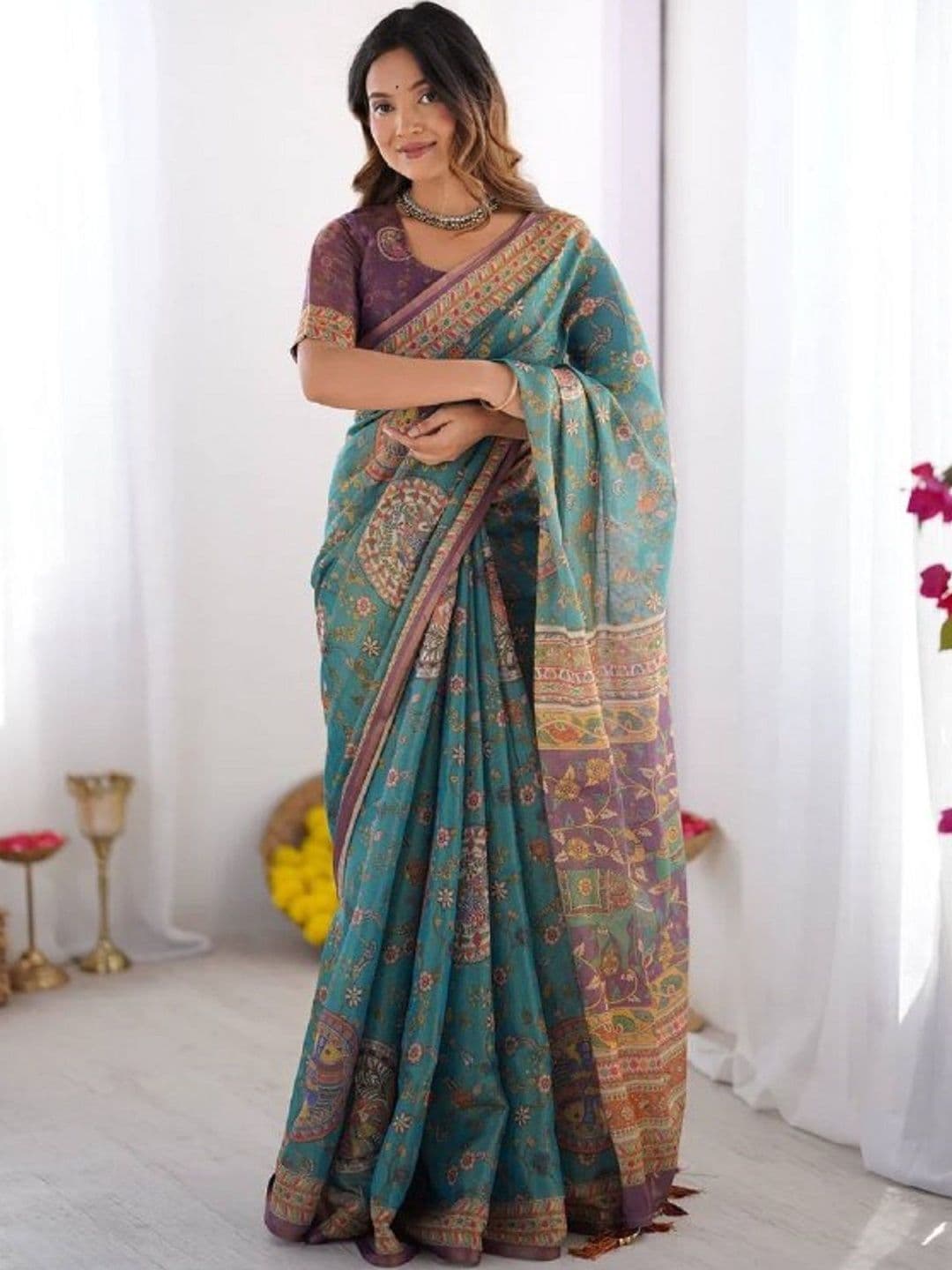 Mitera Kalamkari Linen Blend Saree - view 1