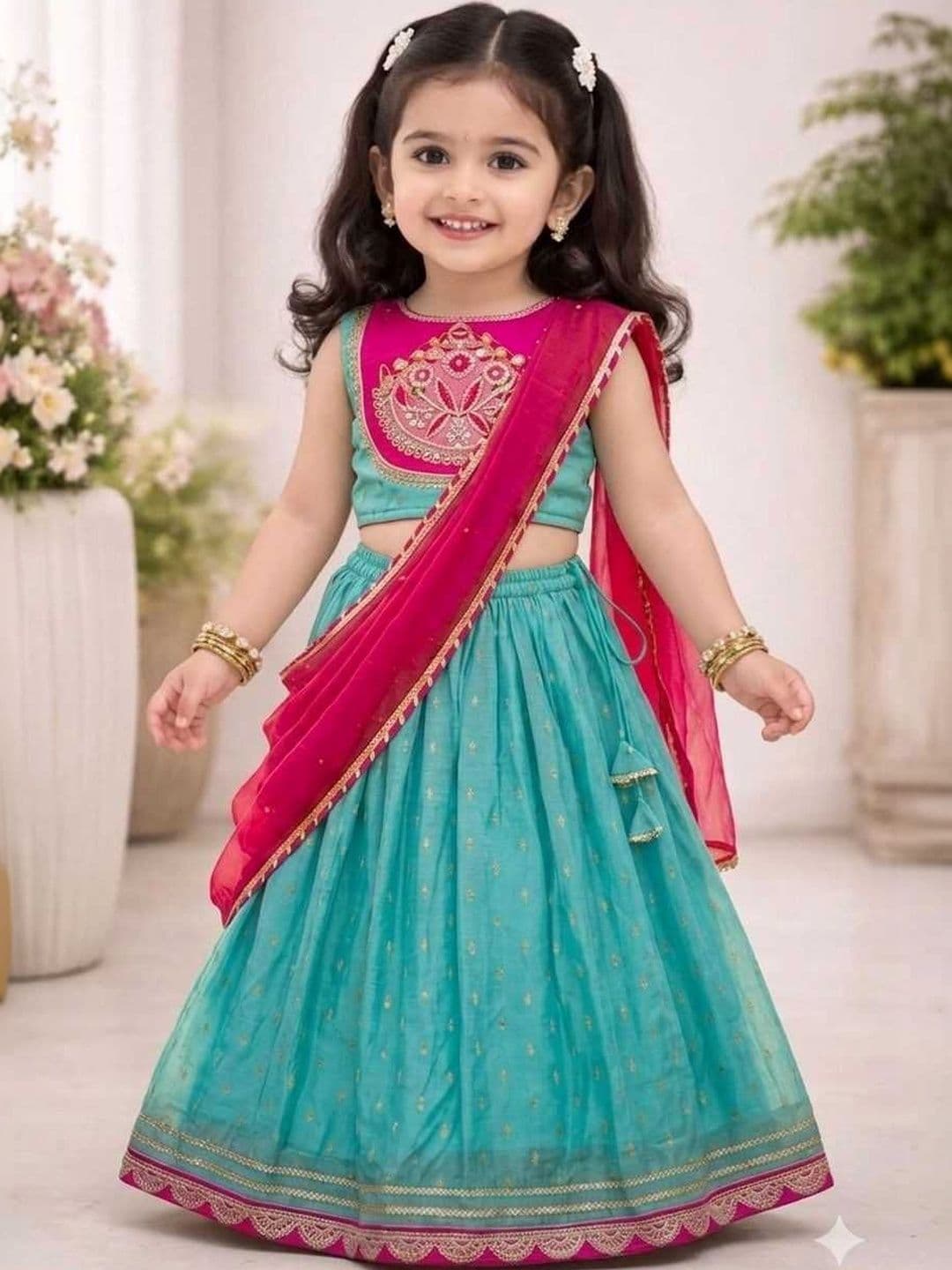 KALINI Girls Embroidered Thread Work Ready to Wear Lehenga & Blouse With Dupatta - view 1
