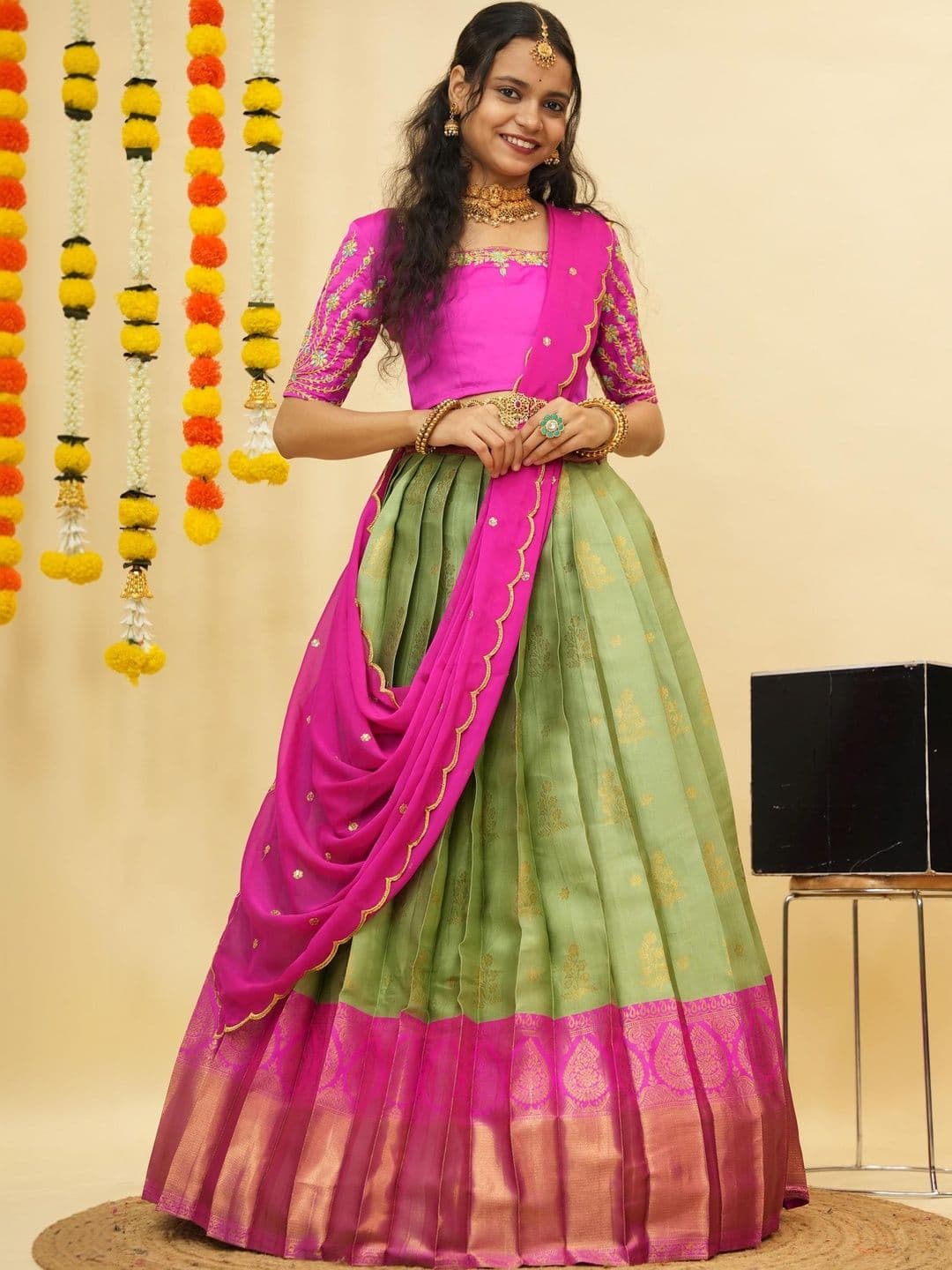 Pink Bindi Embroidered Thread Work Unstitched Lehenga & Blouse With Dupatta - view 1