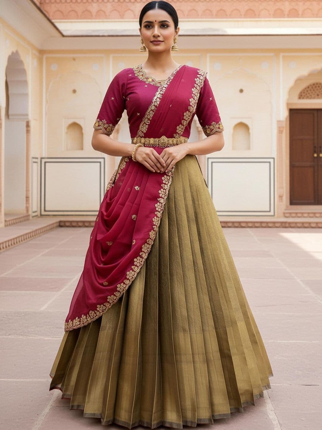 Pink Bindi Embroidered Sequinned Unstitched Lehenga & Blouse With Dupatta - view 1