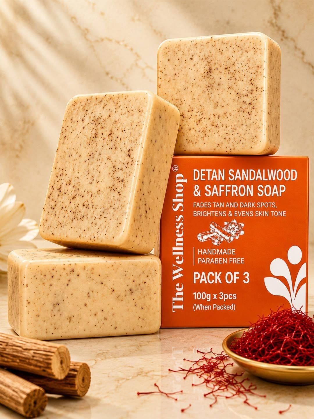 The Wellness Shop Pack of 3 Tan Removal Detan Soap with Sandalwood Saffron 300g - view 1