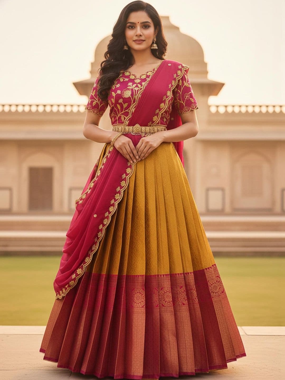 Pink Bindi Embroidered Thread Work Unstitched Lehenga & Blouse With Dupatta - view 1