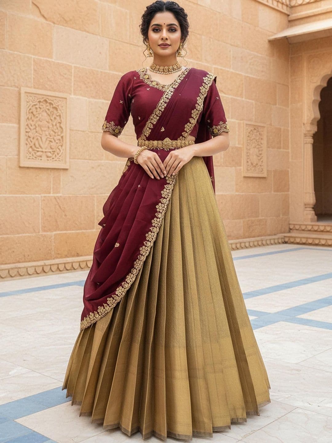 Pink Bindi Embroidered Beads and Stones Unstitched Lehenga & Blouse With Dupatta - view 1
