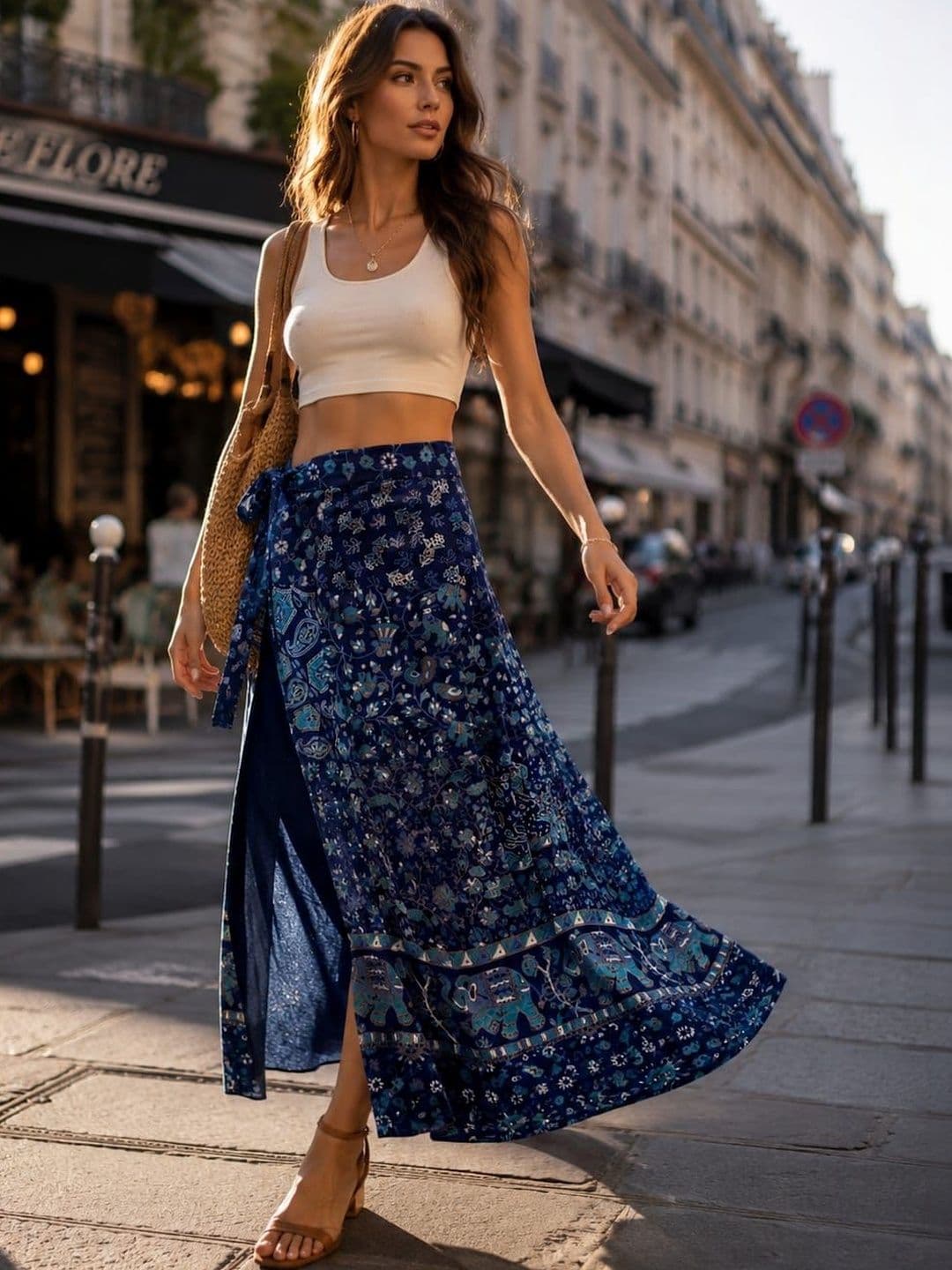 FrionKandy Women Cotton Blend Paisley Bohemian Front Slit Maxi Wrap Skirt - view 1