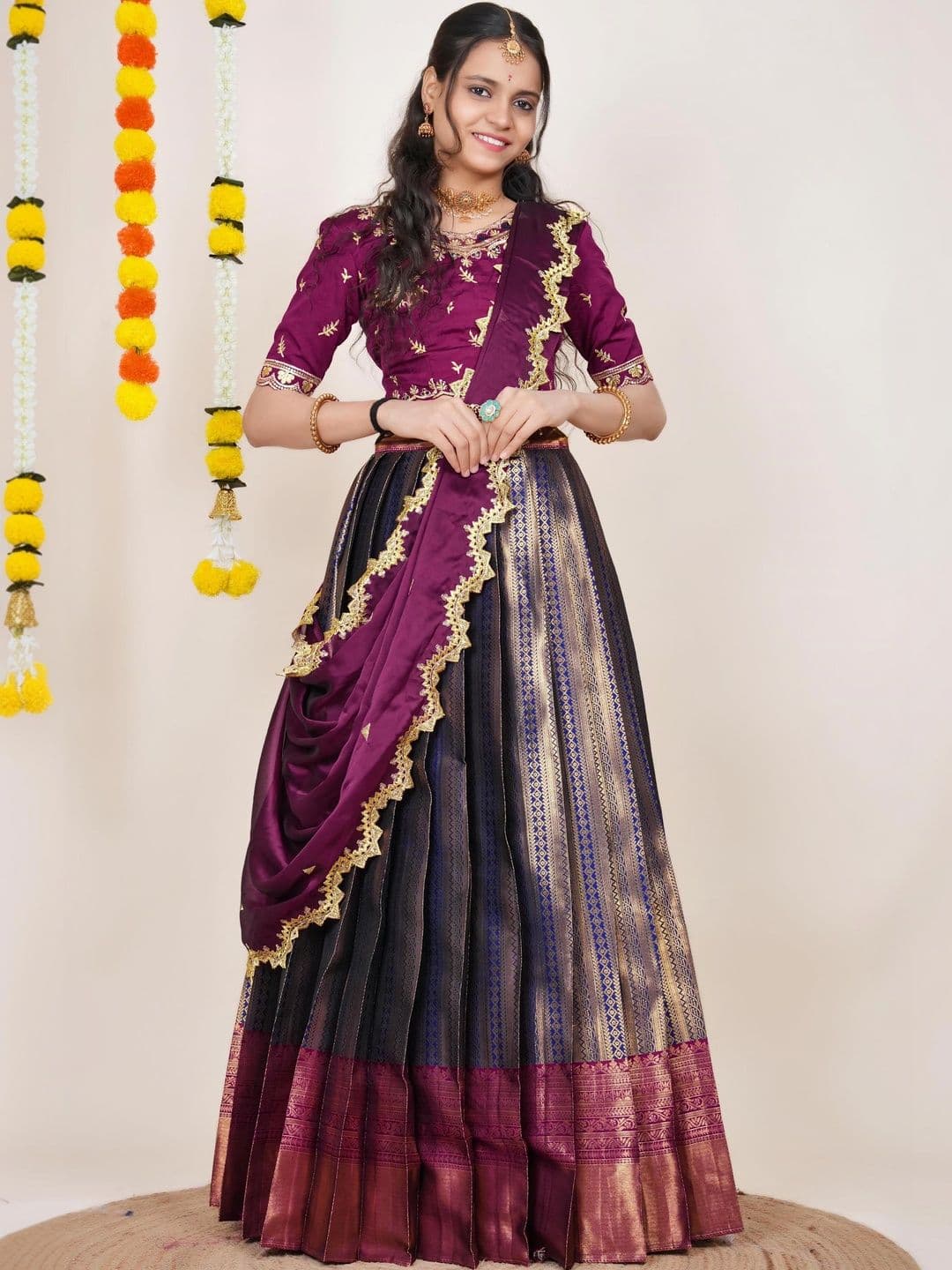 Pink Bindi Embroidered Unstitched Lehenga & Blouse With Dupatta - view 1