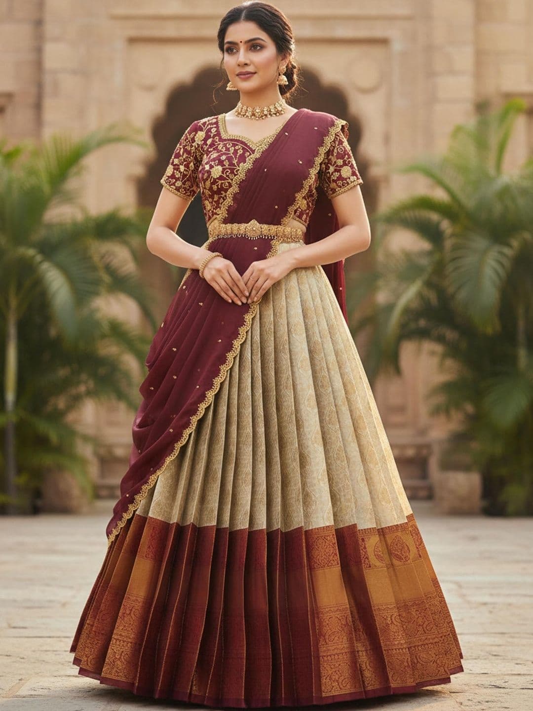 Pink Bindi Embroidered Unstitched Lehenga & Blouse With Dupatta - view 1