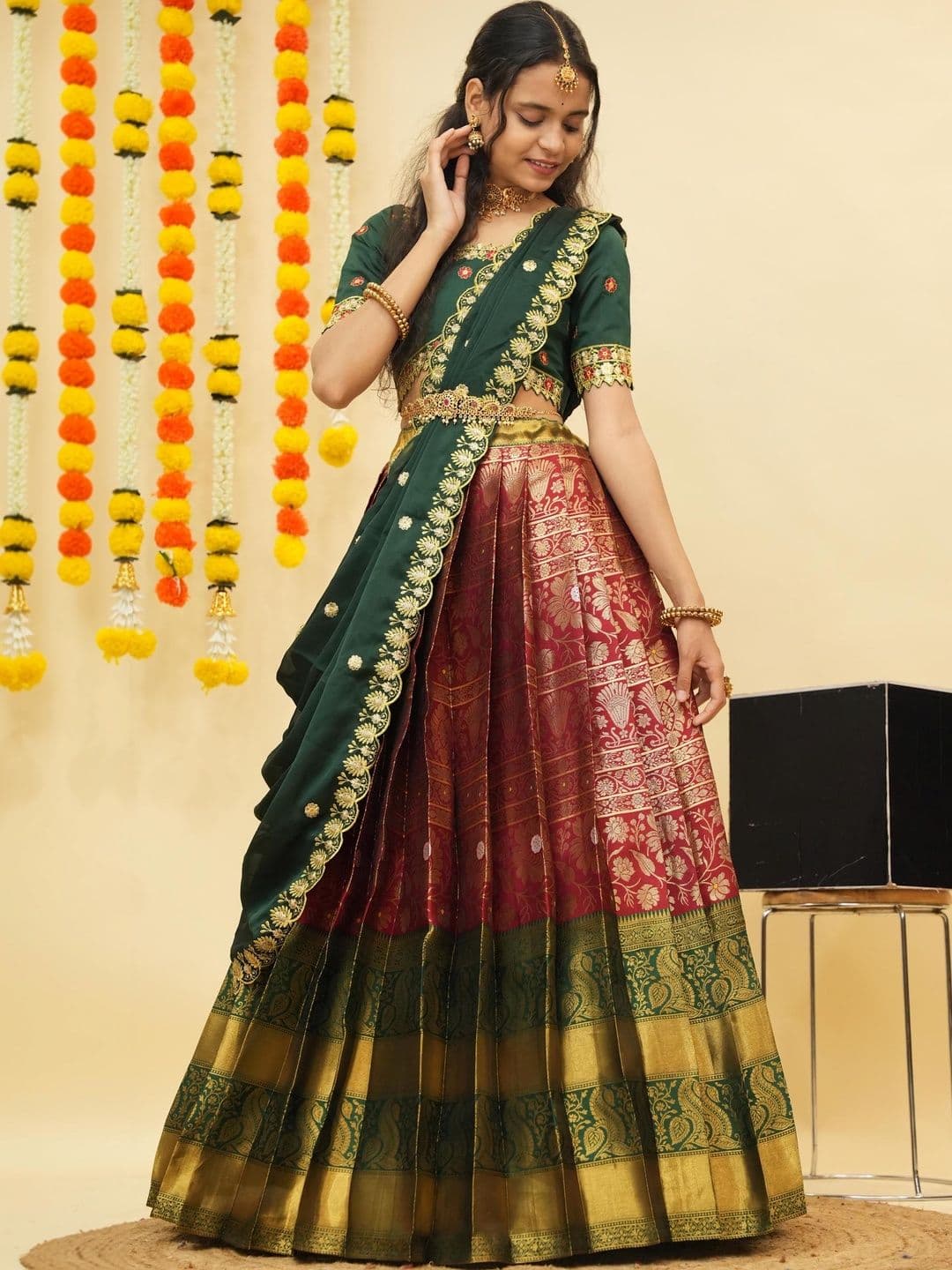Pink Bindi Embroidered Sequinned Unstitched Lehenga & Blouse With Dupatta - view 1