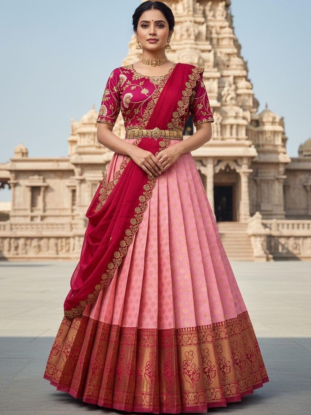 Pink Bindi Embroidered Unstitched Lehenga & Blouse With Dupatta - view 1