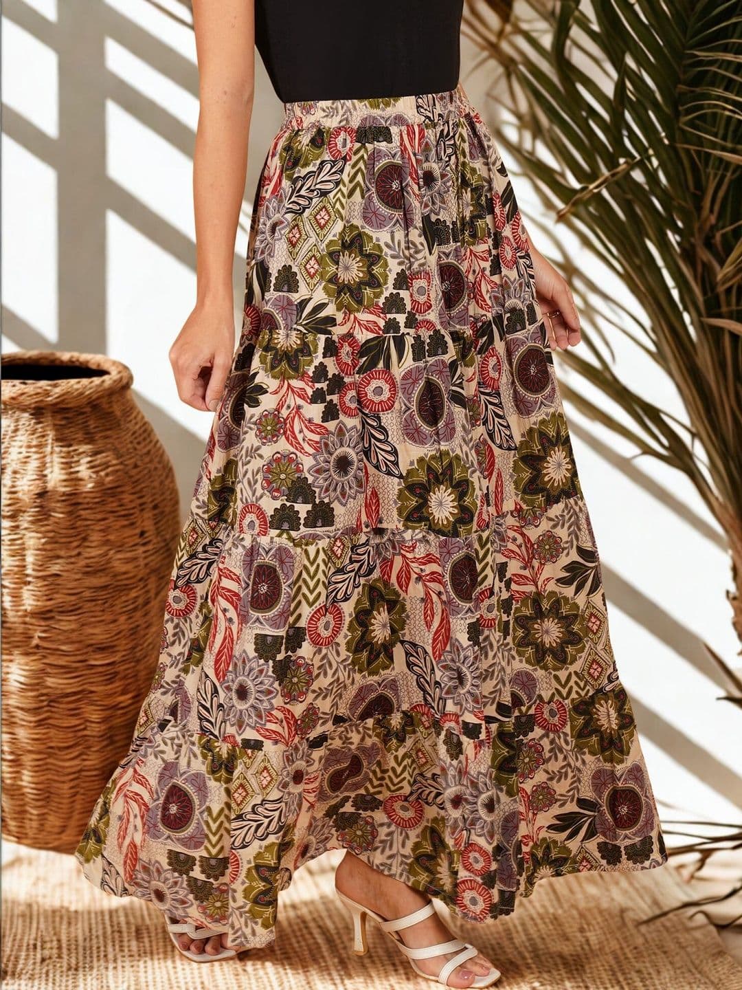 Ethic Glance Women Cotton Cotton Cambric Floral Maxi A-Line Skirt - view 1