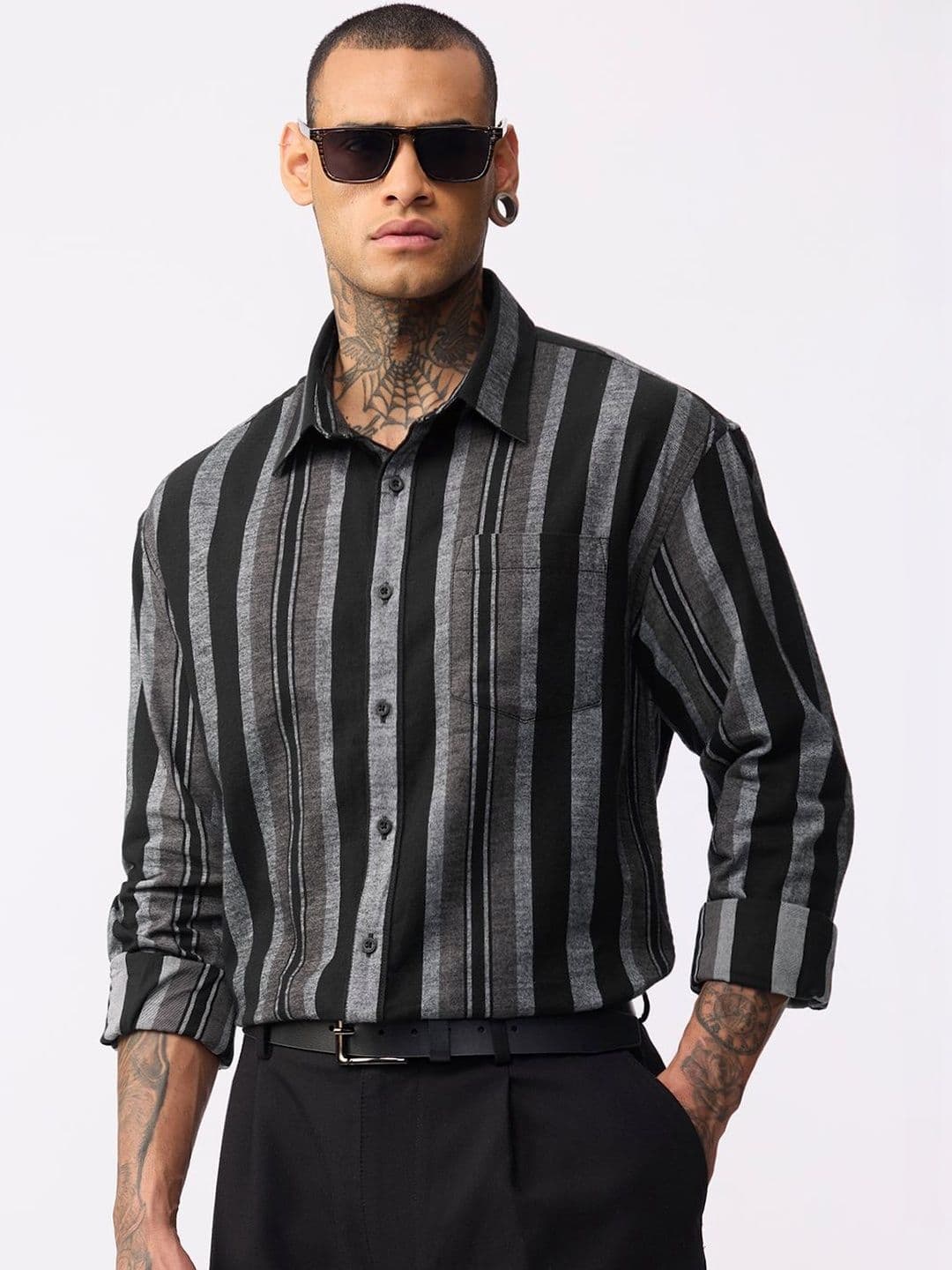 The Souled Store Souled Store Charcoal Vertical Stripes Men Boys Long Sleeve T-shirt - view 1