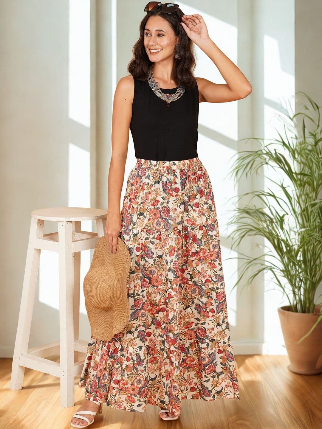 Ethic Glance Women Cotton Cotton Cambric Floral Maxi A-Line Skirt - view 1