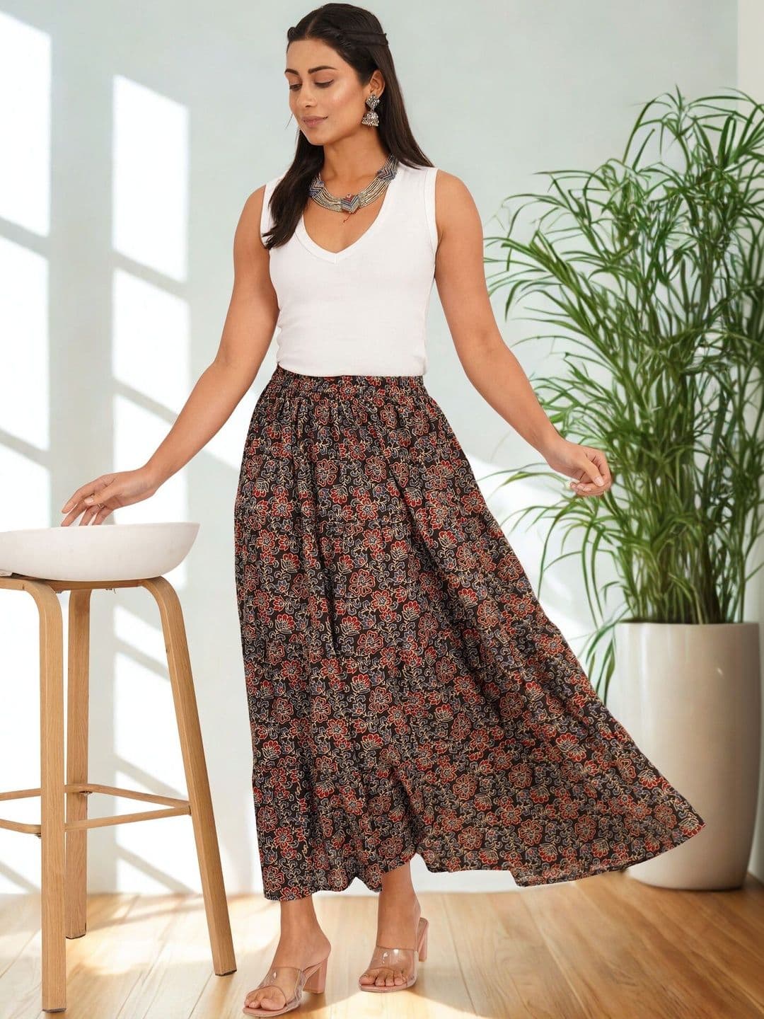 Ethic Glance Women Cotton Cotton Cambric Floral Maxi A-Line Skirt - view 1
