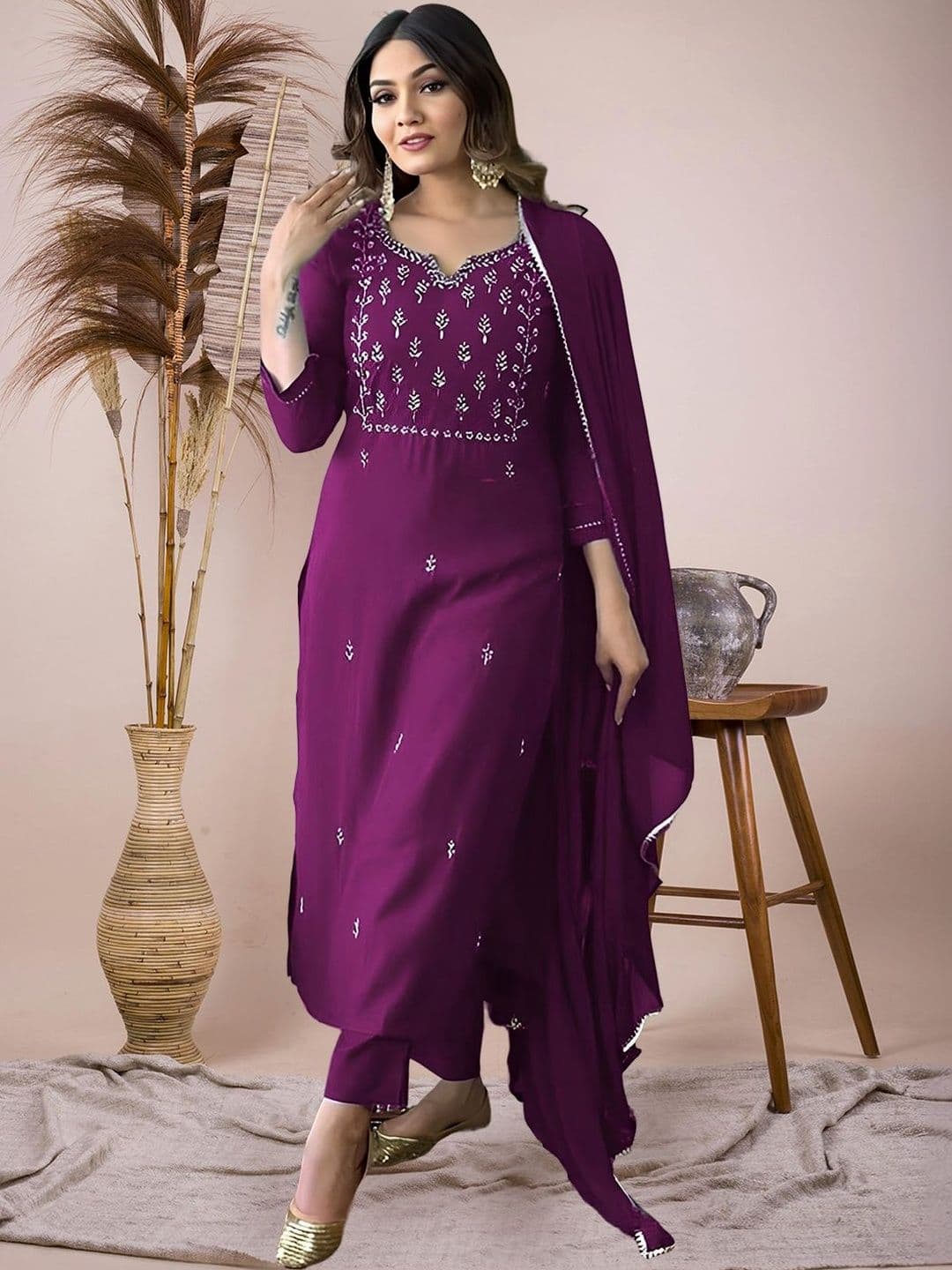 all about you Women Rayon Slub Kurta Pant Dupatta Set - view 1