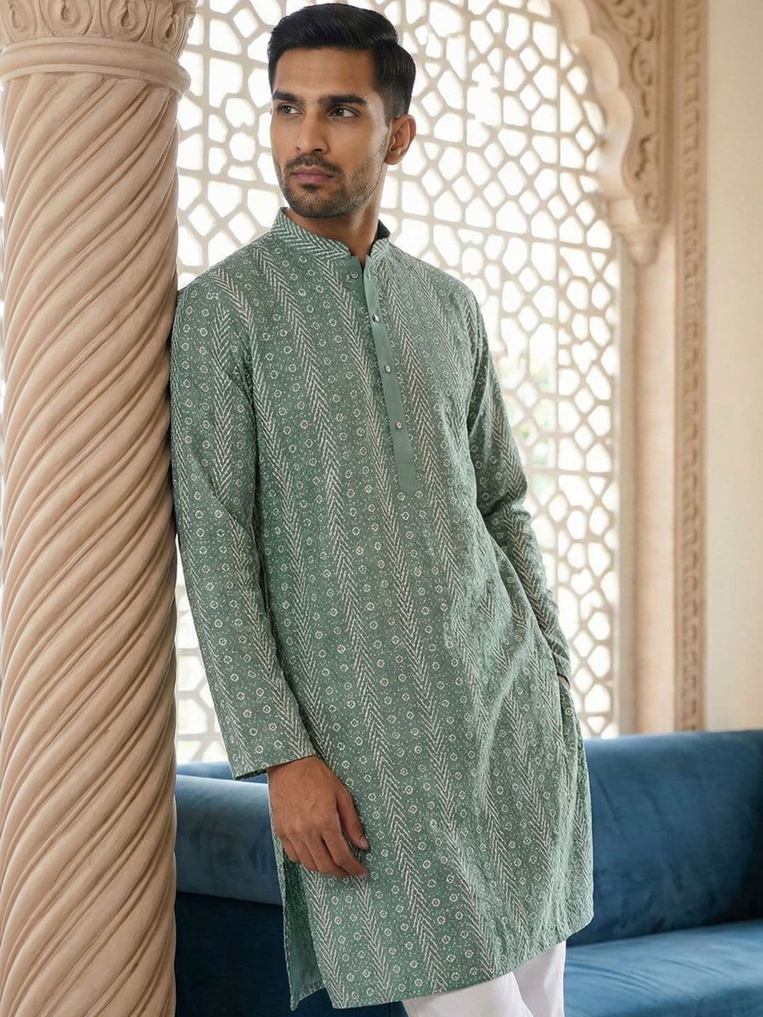House of Pataudi Geometric Embroidered Straight Kurta - view 1