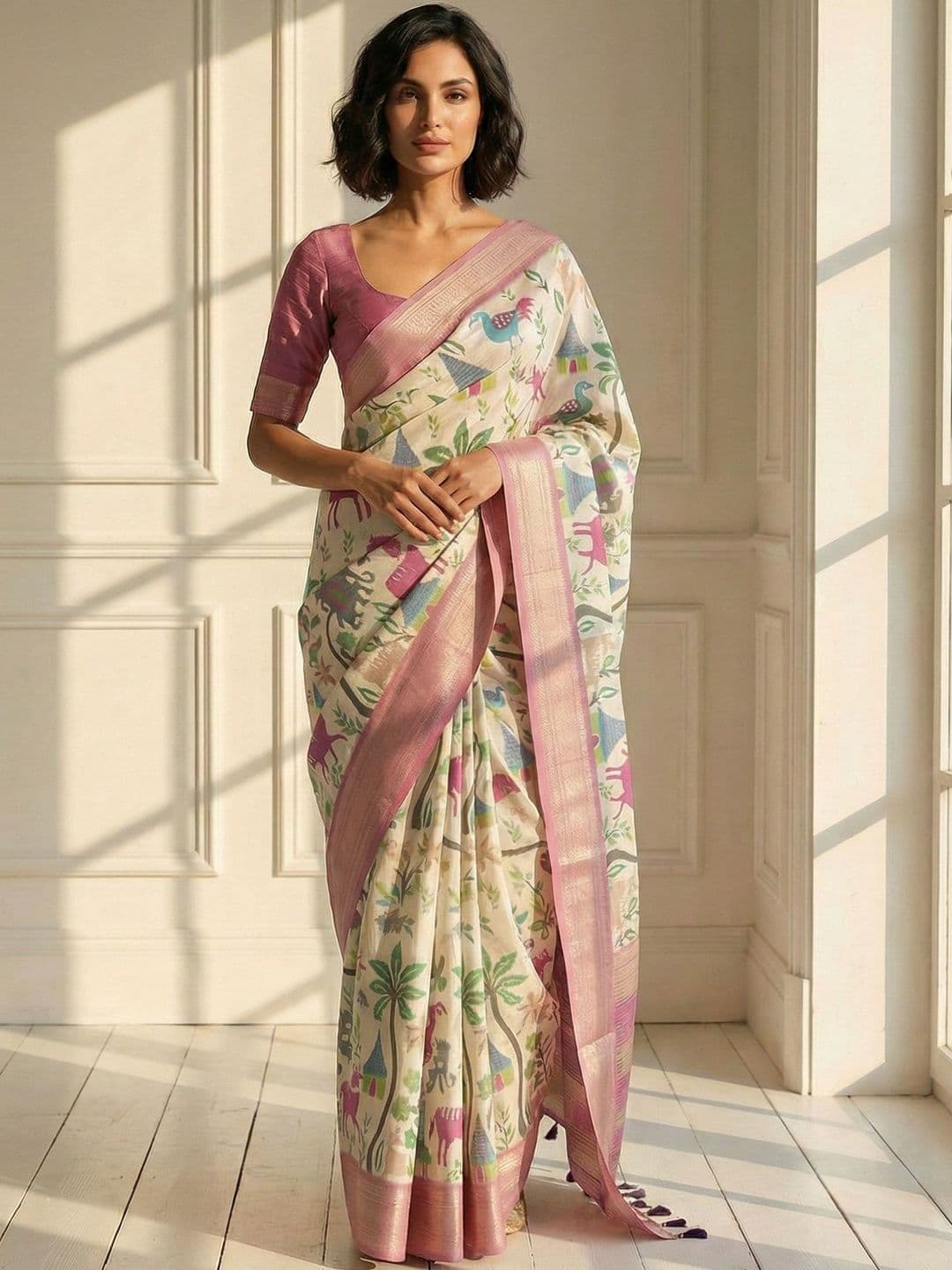 AANVI Pichwai Printed Digital Print Dola Silk Block Print Saree With Unstitched Blouse - view 1