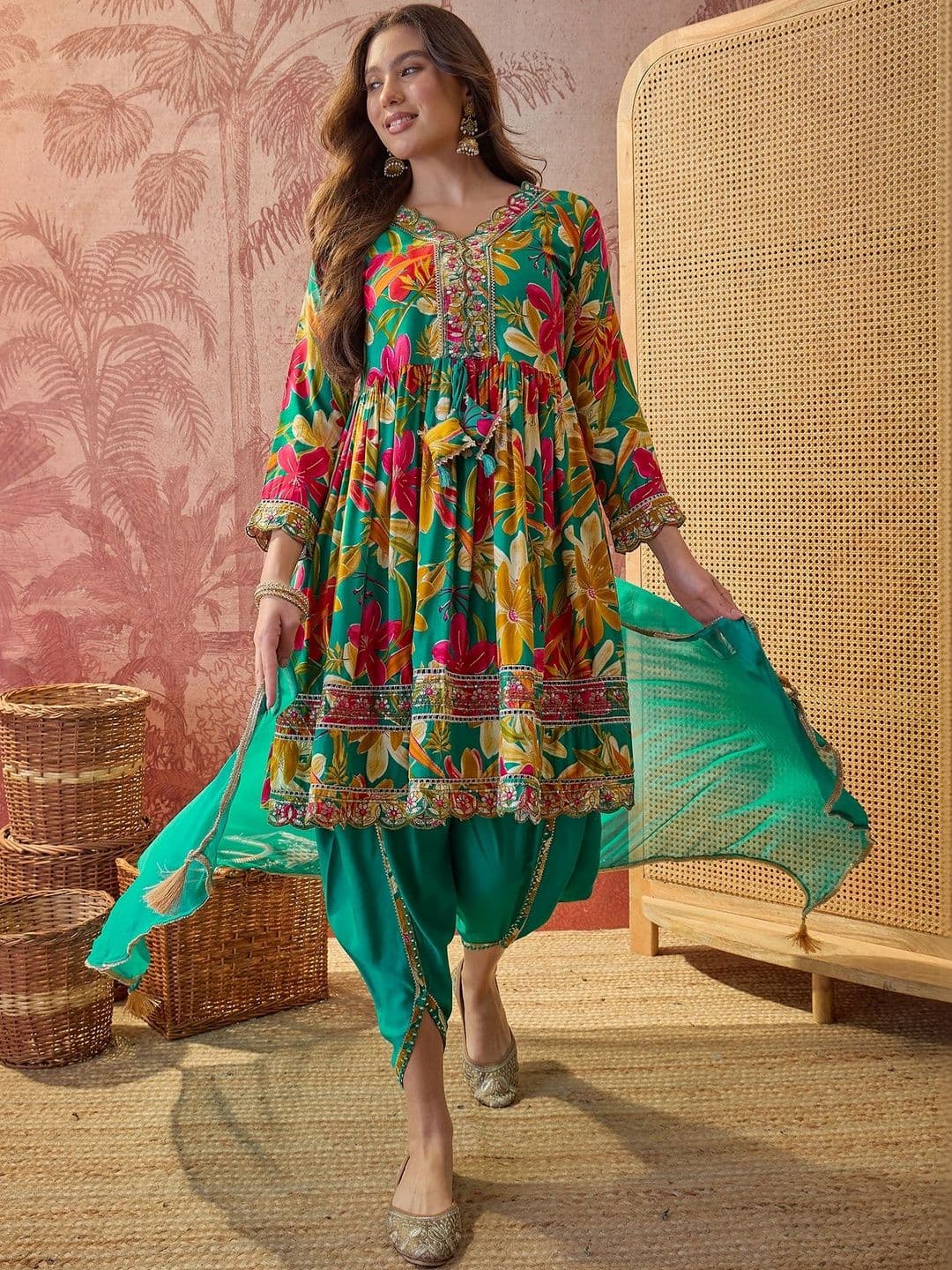 Sangria Woment Festive Embroidered Anarkali Kurta With Dhoti Pants & Tasseled Dupatta - view 1