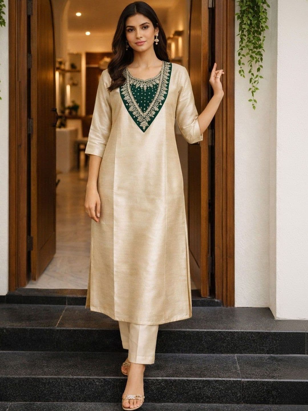 DAMAAR TEXTILE Women Ethnic Motifs Embroidered Regular Thread Work Kurta with Trousers - view 1