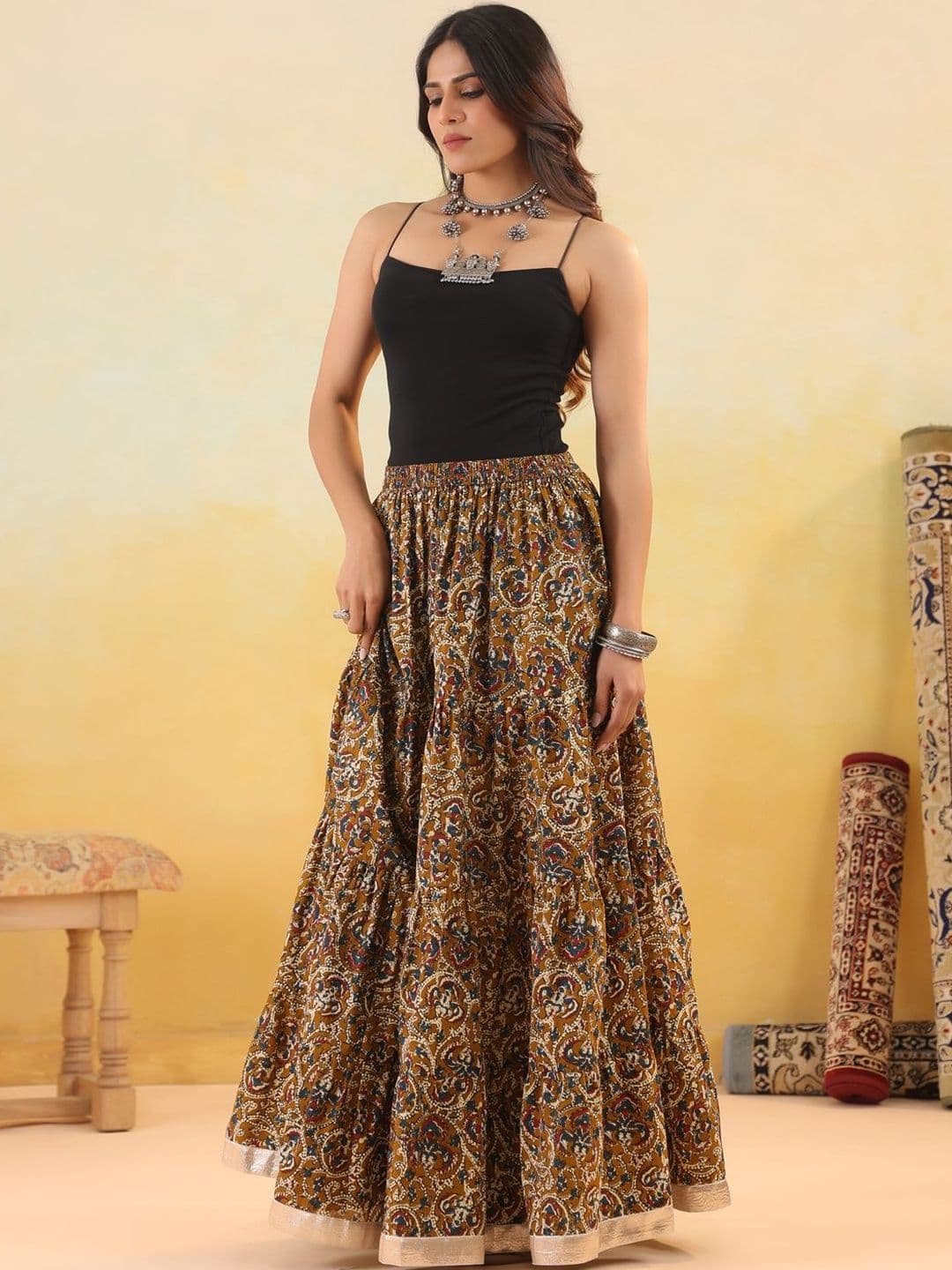 Rimeline Women Pure Cotton Blend Cotton Cambric Self Design Maxi Flared Skirt - view 1