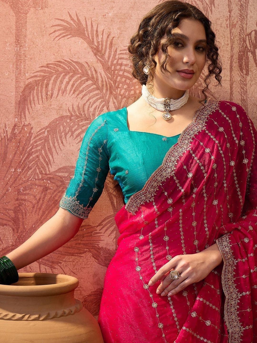 Sangria Pink Chiffon Fancy Party Wear 2026 Sarees - view 1