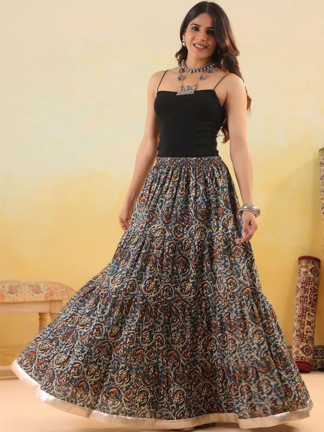 Rimeline Women Pure Cotton Blend Cotton Cambric Self Design Maxi Flared Skirt - view 1