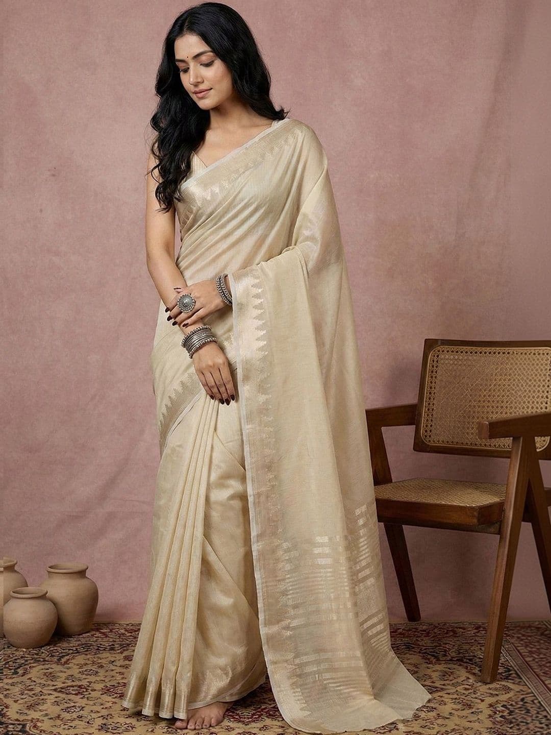 Sutriti Classic Cream Pure Linen Pinnacle Of Minimalist Luxury Sarees - view 1