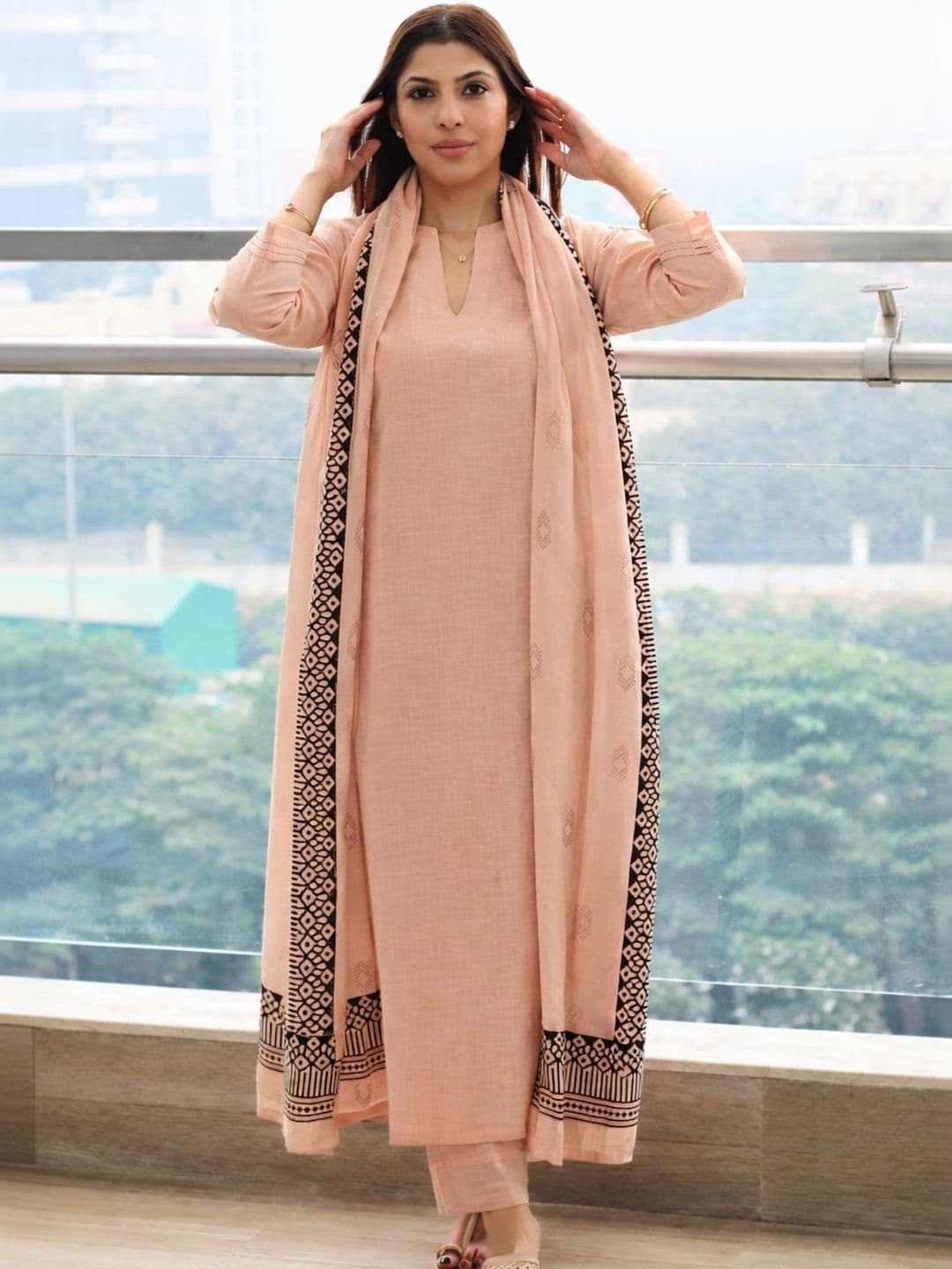 MYRIE Chanderi Self Design V-Neck Chanderi Cotton Kurta With Trousers & Dupatta - view 1