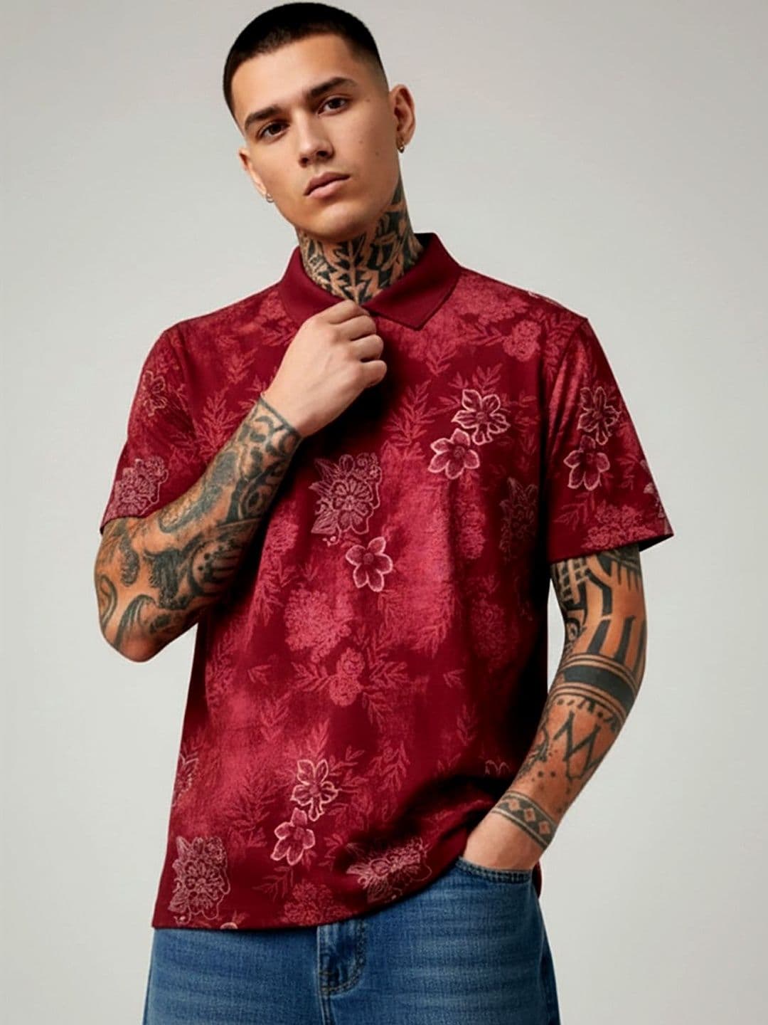 glitchez Men Floral Printed Polo Collar Tropical T-shirt - view 1