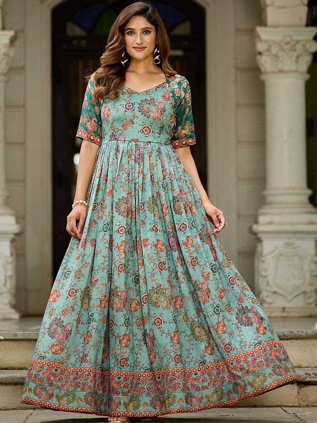KALANANDI Printed Sweetheart Neck Fit And Flare Silk Maxi Dress - view 1