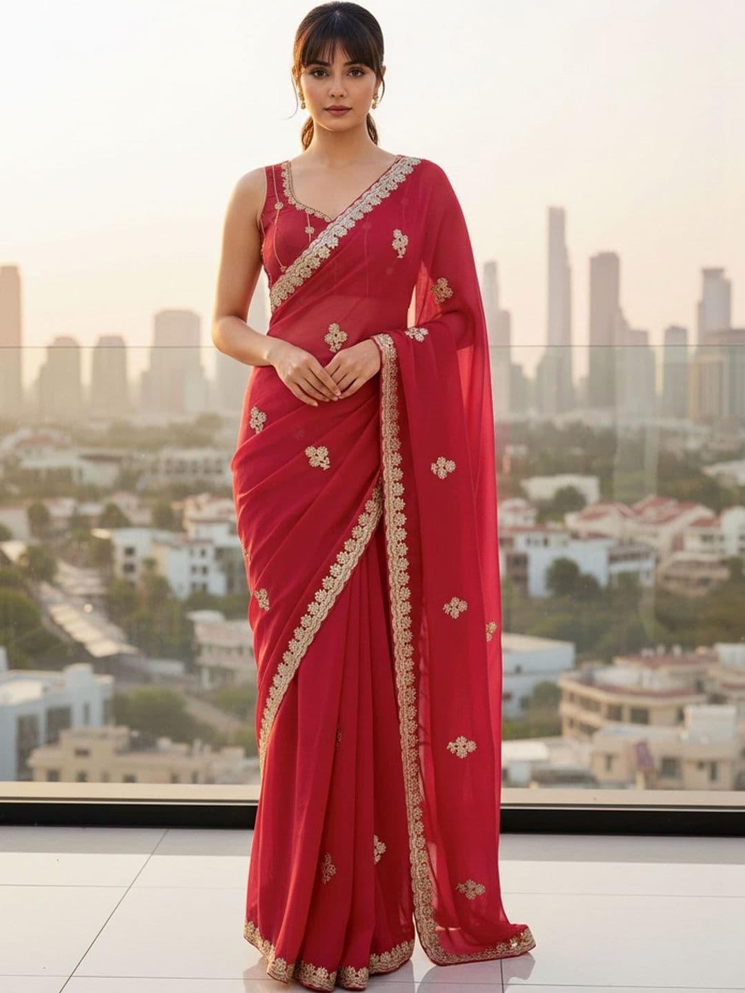FABLAND Embroidered Maroon Georgette Gold Foil Cording Zari Sarees - view 1