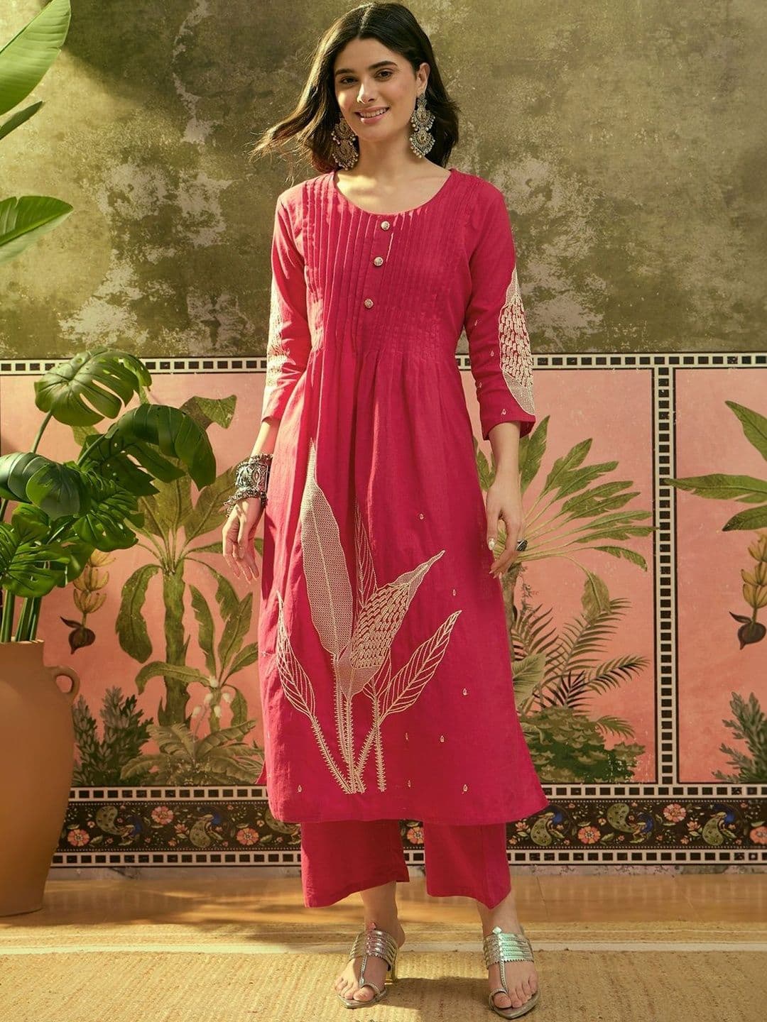 Sangria Embroidered Pure Cotton Round Neck Kurta & Trousers - view 1