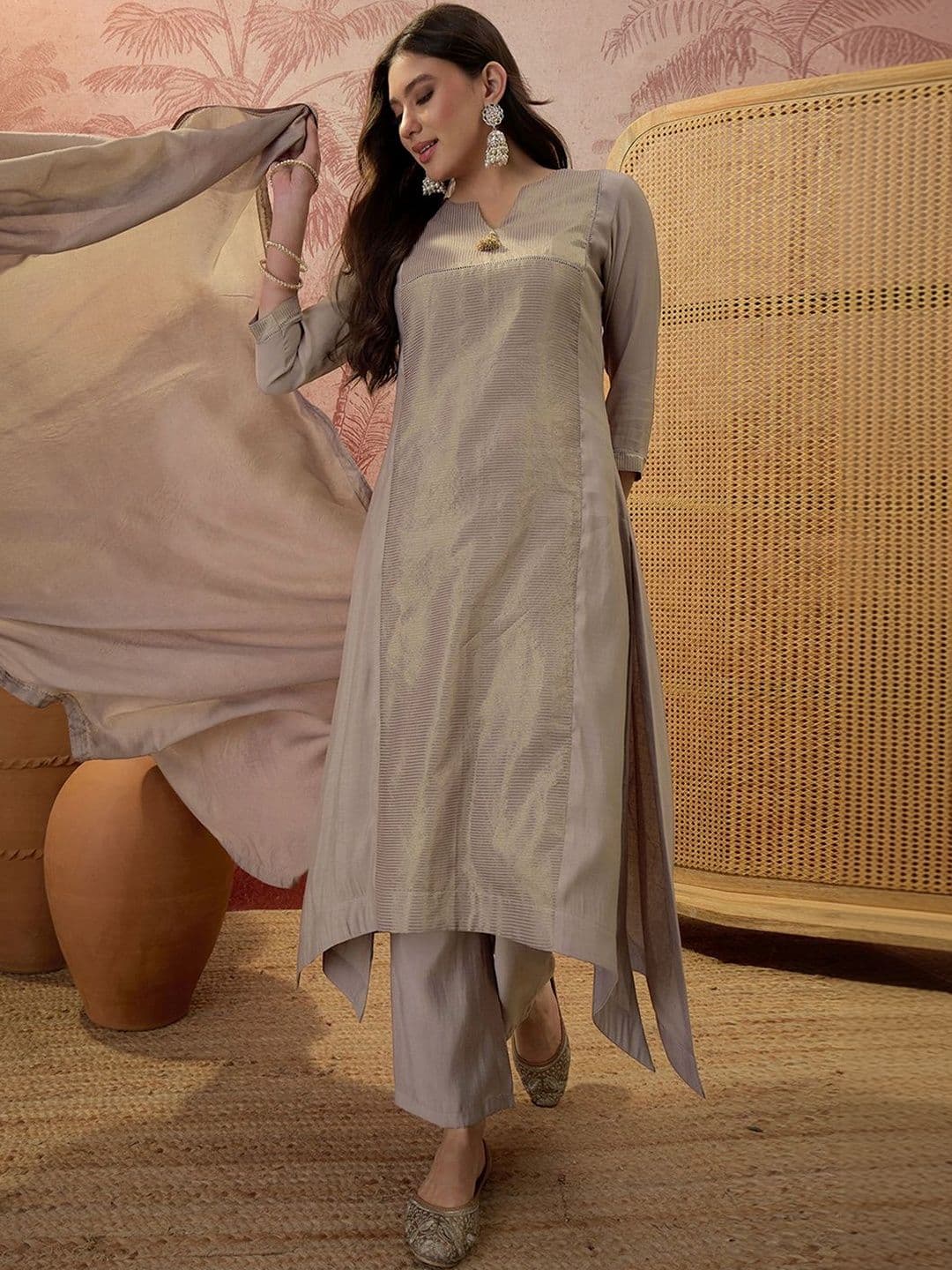 Sangria Embroidered Round-Neck Kurta & Trousers With Dupatta - view 1