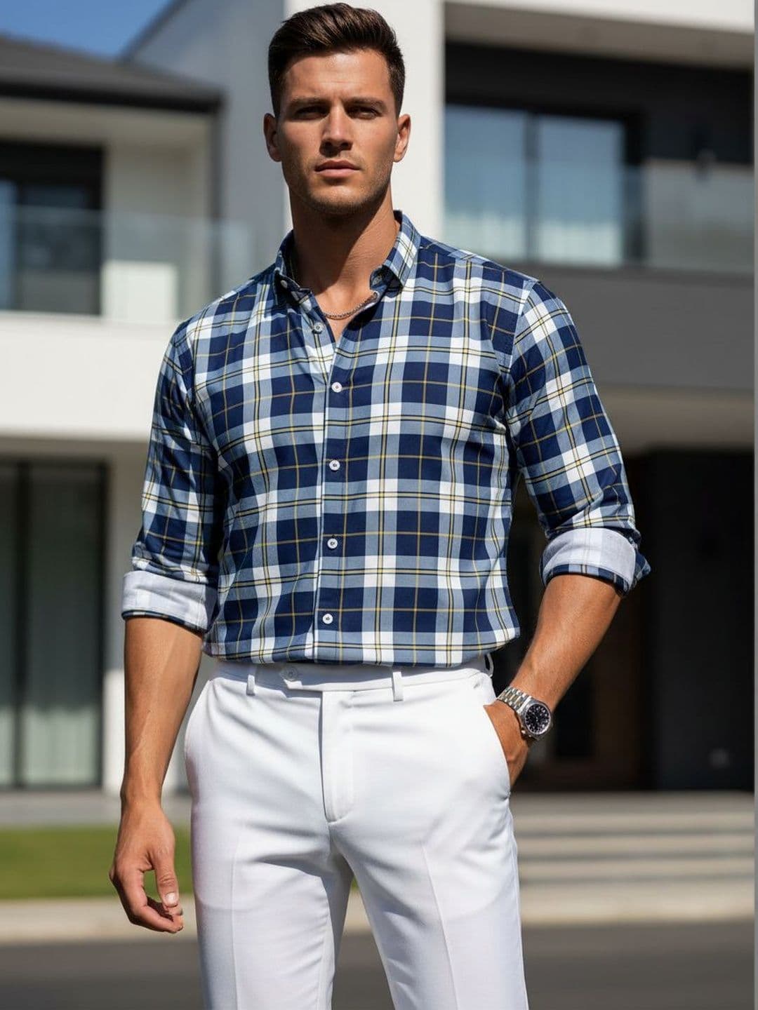 RICH STAG Men Navy Blue Checked Cotton Slim Fit Roll-up Sleeve Smart Casual Shirts - view 1