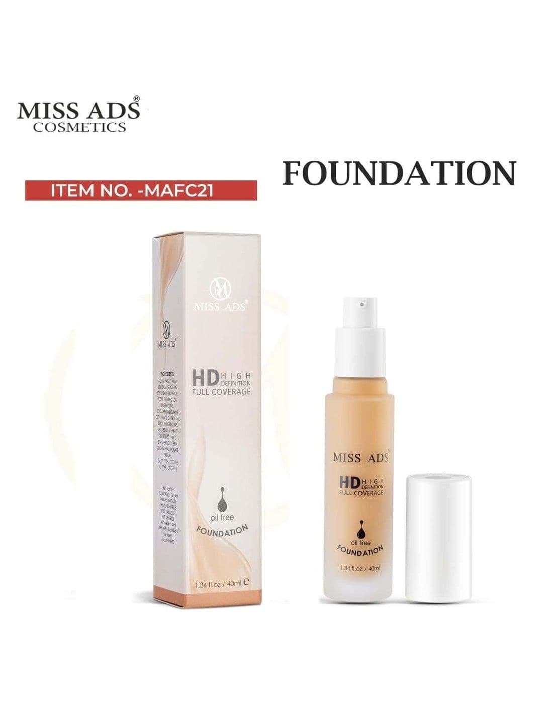 MISS ADS HD Full Coverage Oil Free Foundation - 40 ml - MAFC21 - view 1