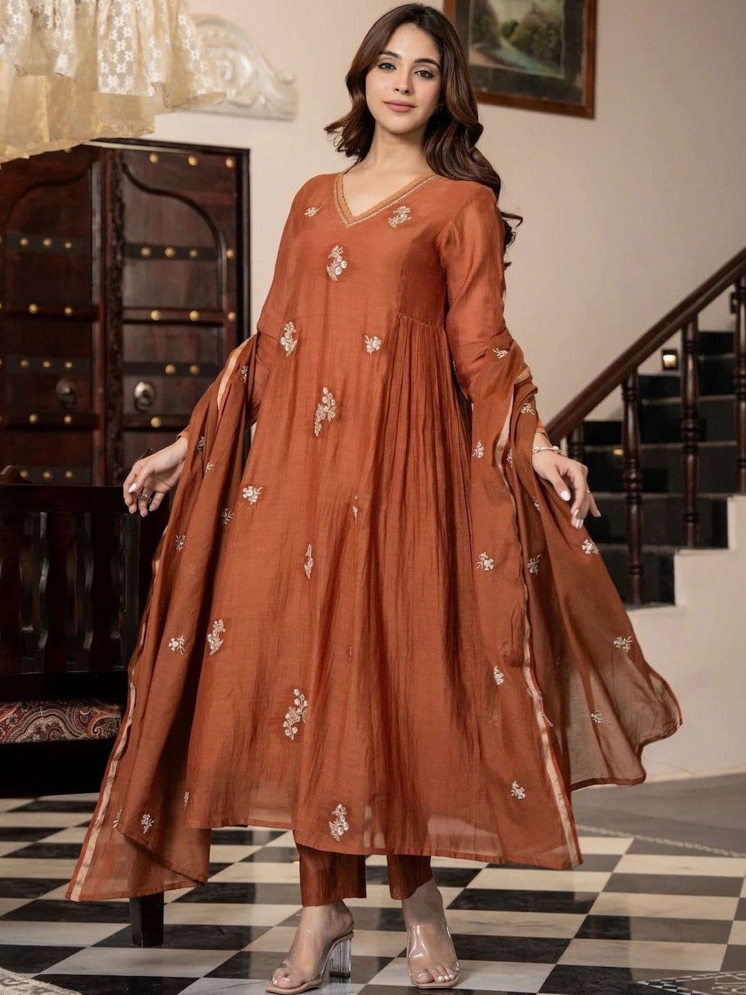 Anushansa Women Embroidered Regular Pure Silk Kurta with Trousers & With Dupatta - view 1