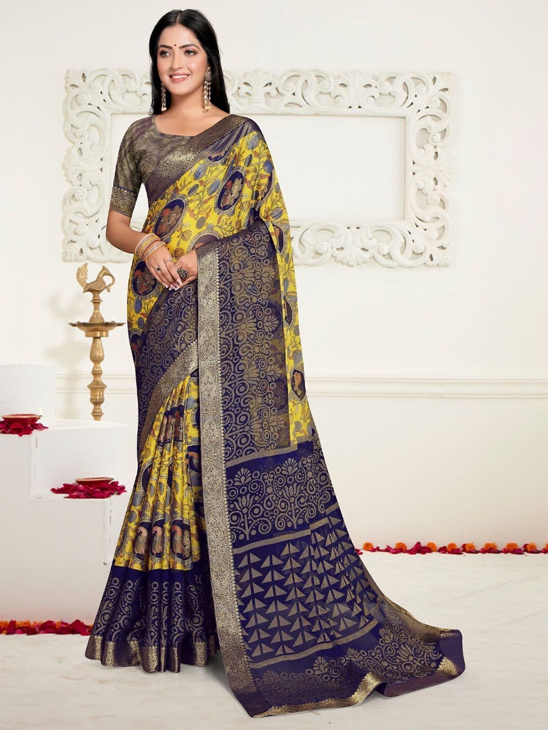 Sangria Printed Saree with Zari Border & Unstitched Blouse - view 1