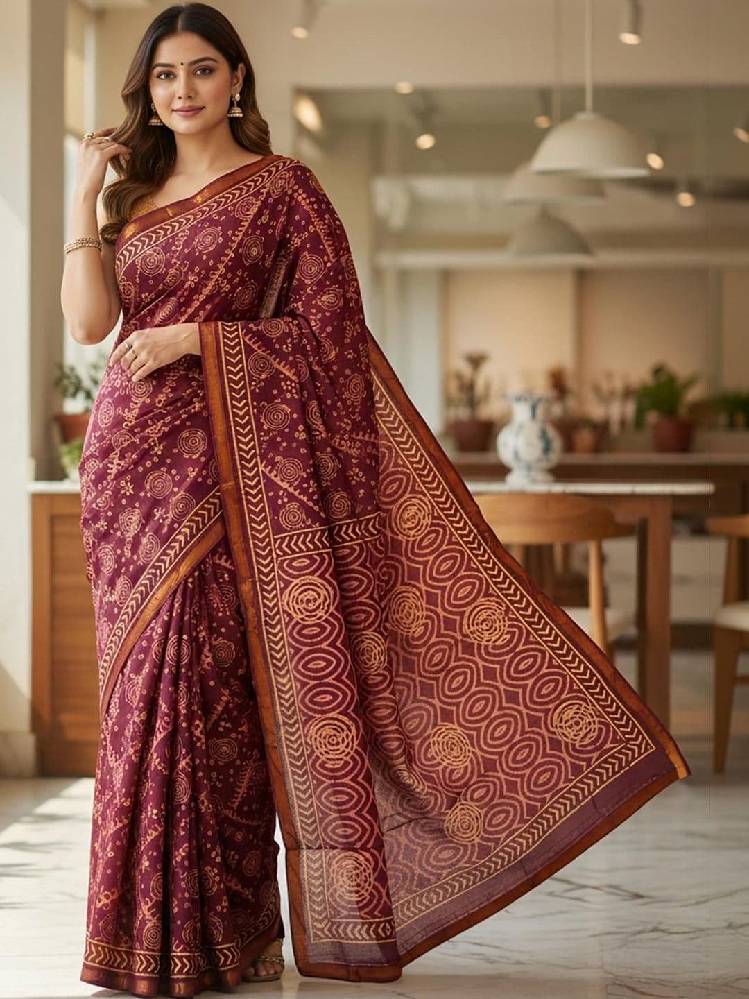 HERE&NOW Maroon Printed Pure Cotton Bagru Sarees - view 1