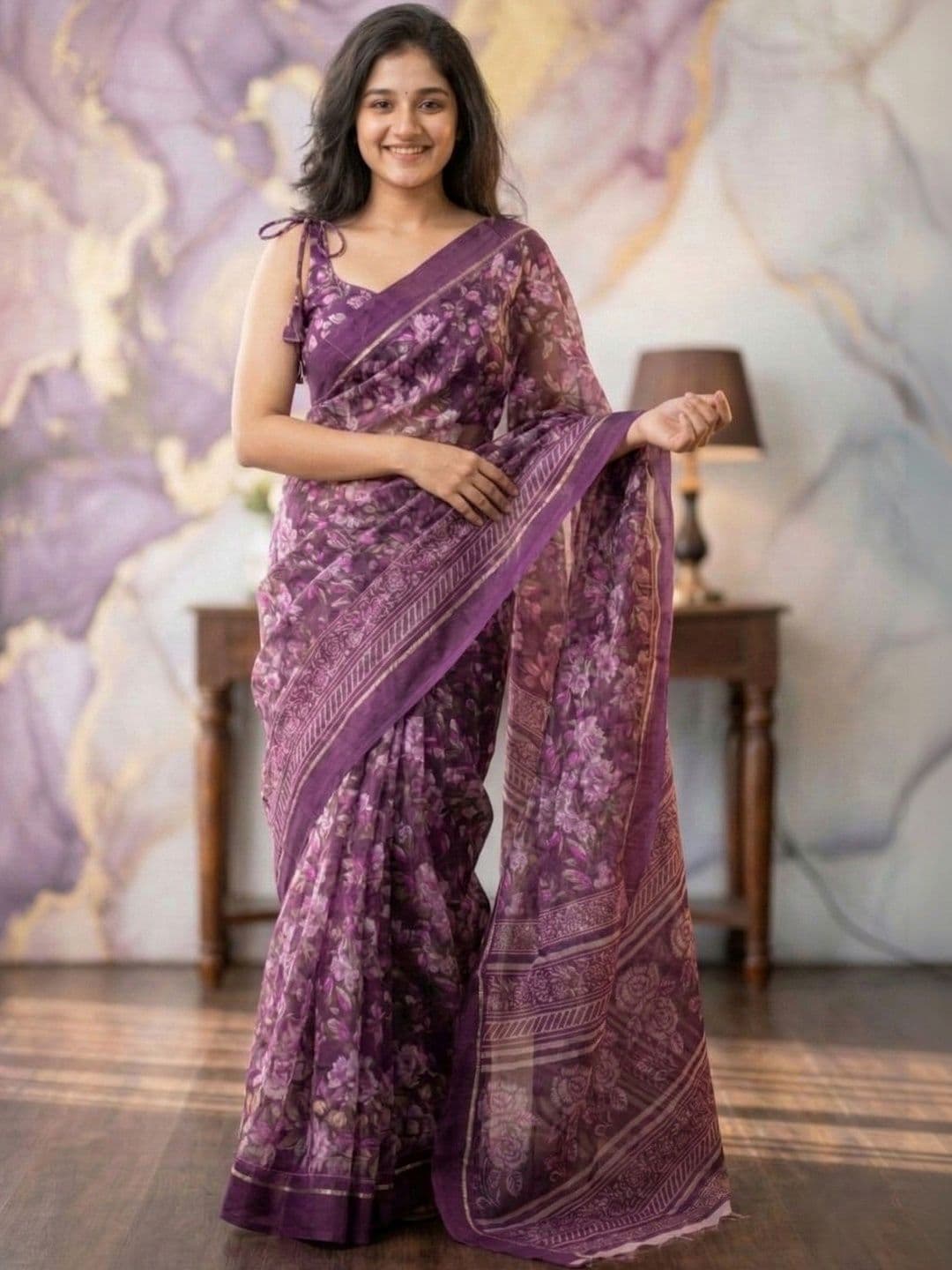 HERE&NOW Purple Floral Print Poly Georgette Sarees - view 1