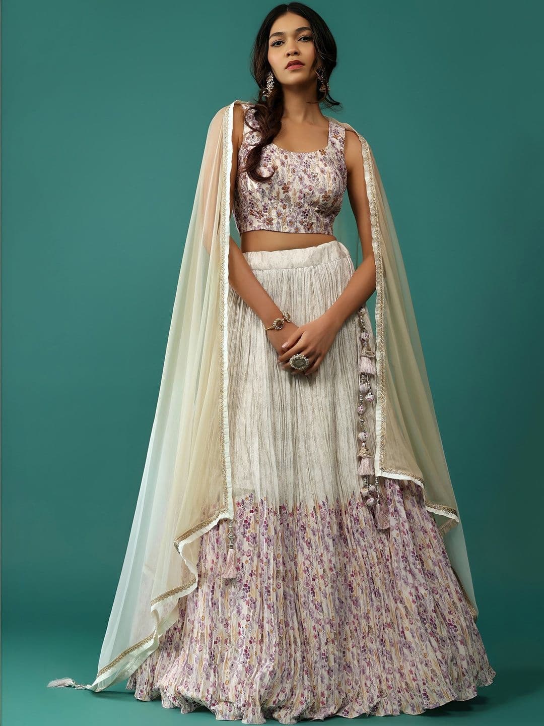 ETHNIC PLUS White Embroidered Sequinned Semi-Stitched Lehenga & Unstitched Blouse With Dupatta - view 1