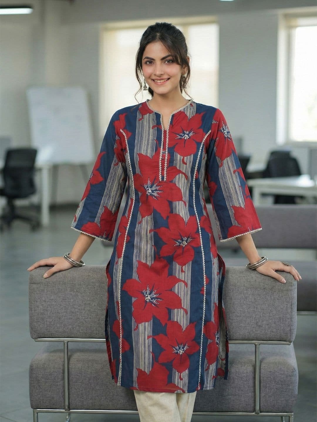 Rain & Rainbow Notch Neck Embroidered Straight Kurta - view 1