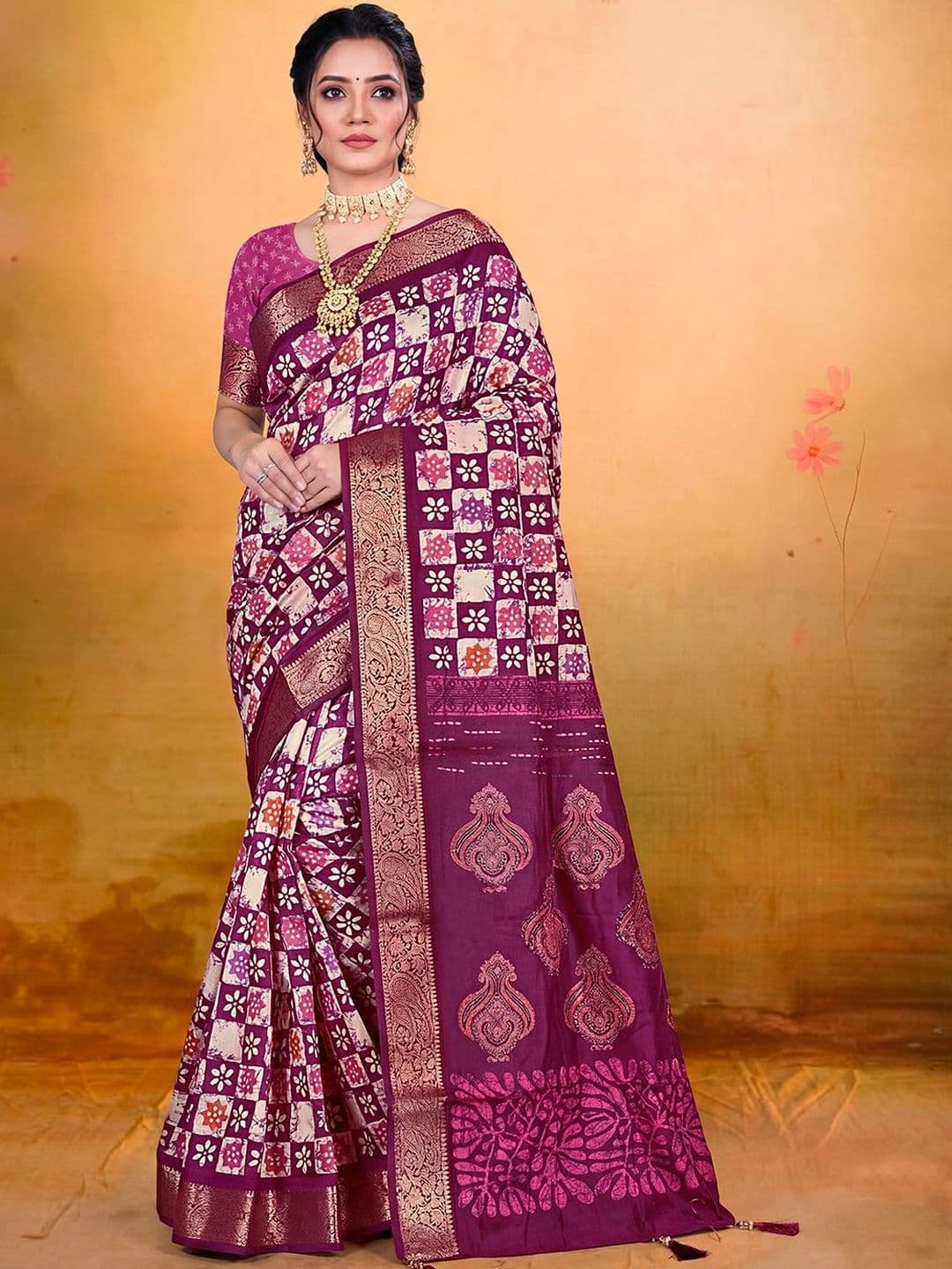 Vipul Red Soft Silk Printed Woven Border Sarees - view 1