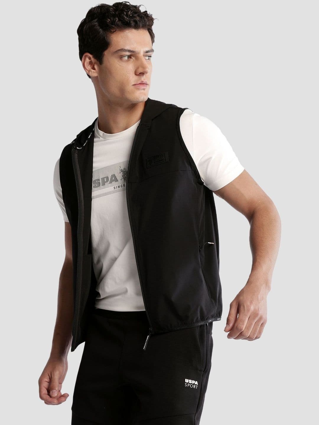 USPA SportSolid Regular Fit Sleeveless Hooded Jacket - view 1
