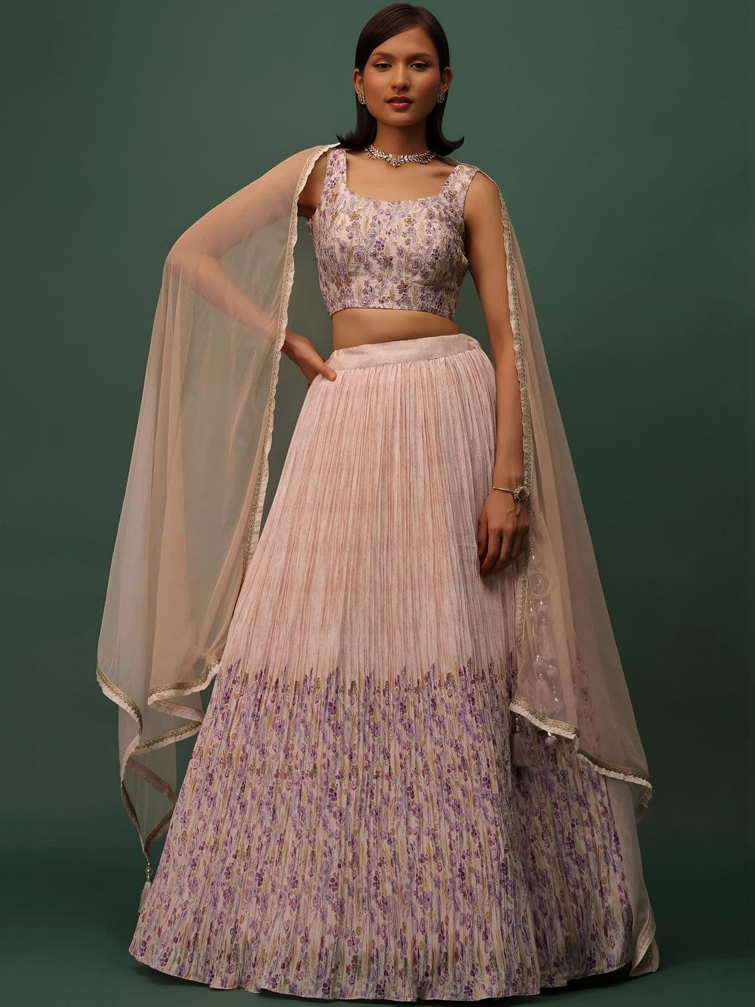 ETHNIC PLUS Beige Embroidered Sequinned Semi-Stitched Lehenga & Unstitched Blouse With Dupatta - view 1