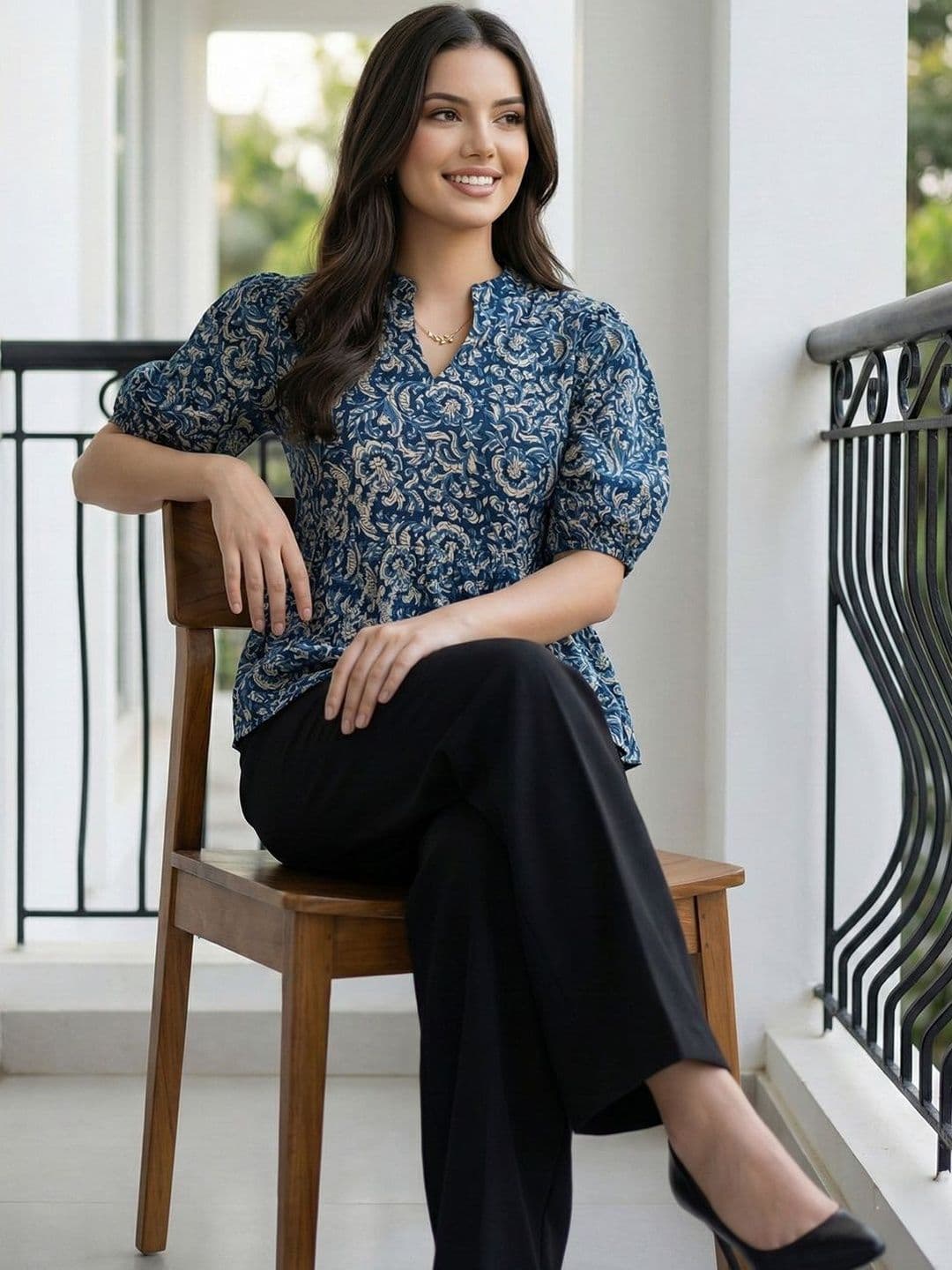 KALINI Floral Print Mandarin Collar Puff Sleeve Cotton Peplum Top - view 1