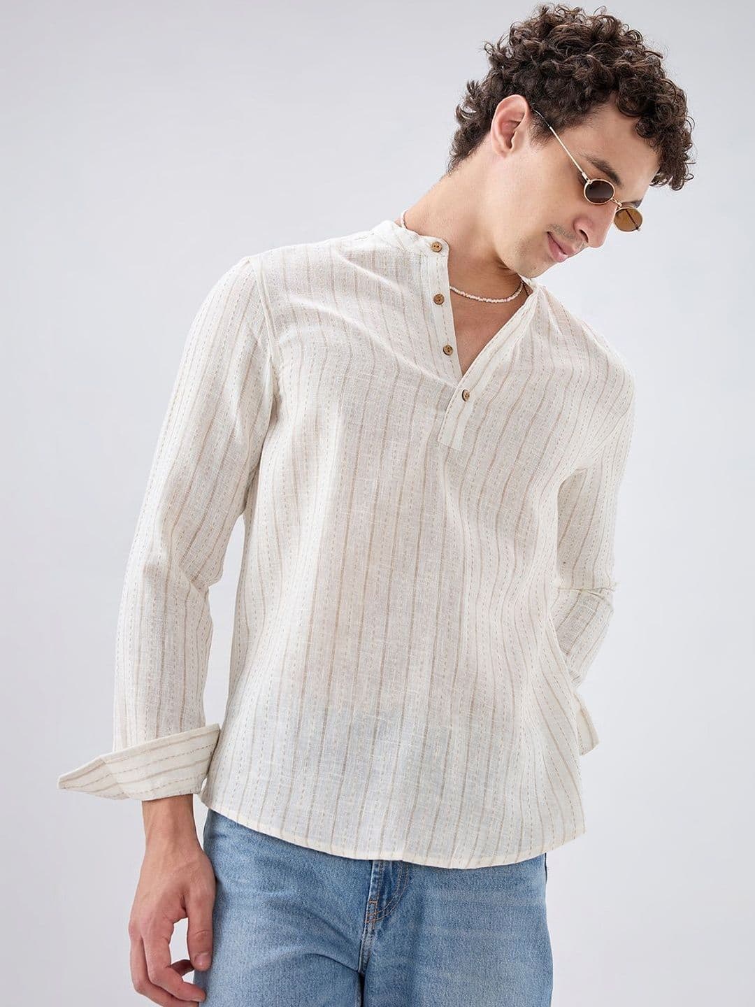 VASTRADO White & Beige Burlap Weaved Striped Kurta - view 1