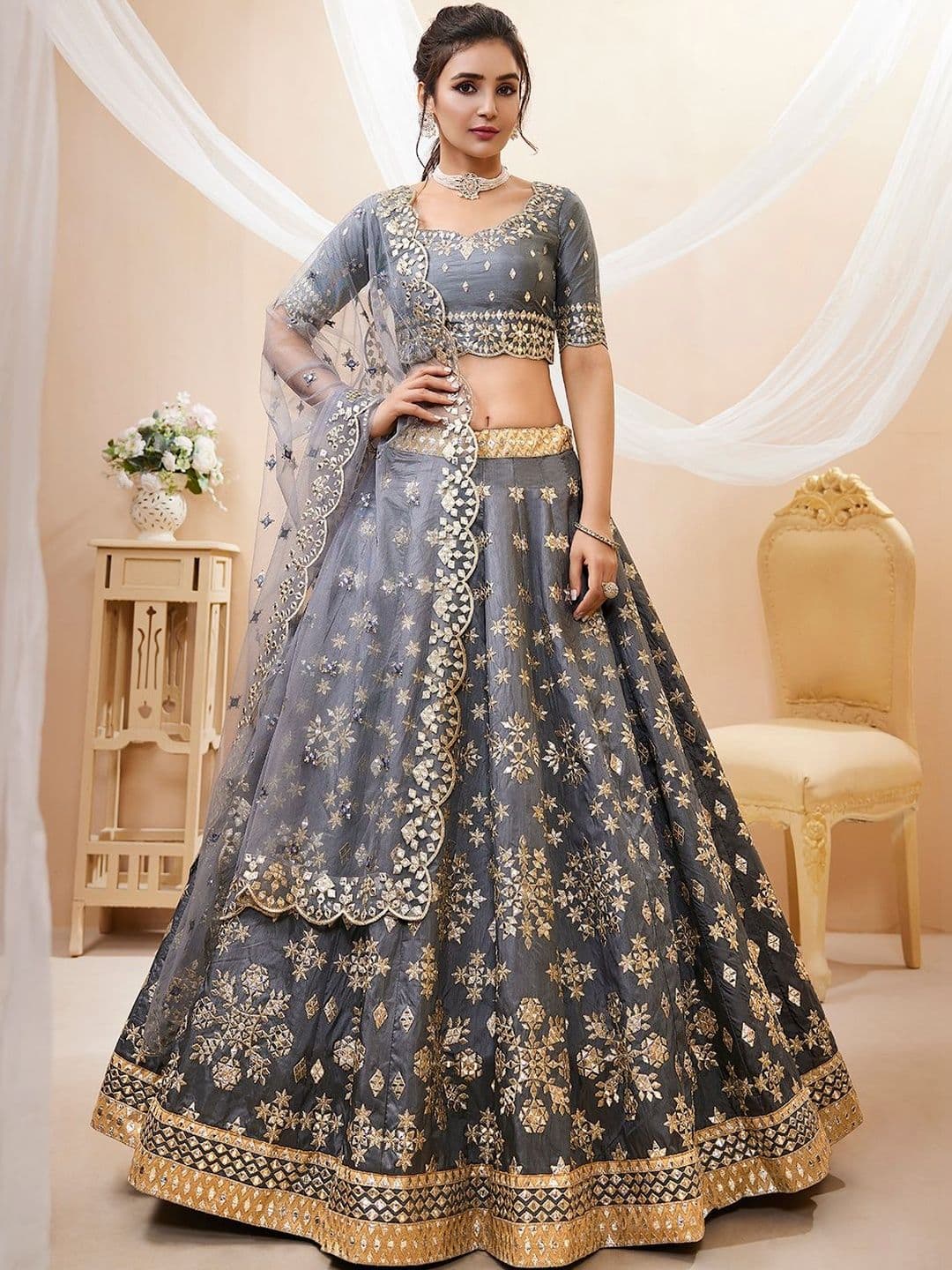 ETHNIC PLUS Grey Embroidered Sequinned Semi-Stitched Lehenga & Unstitched Blouse With Dupatta - view 1