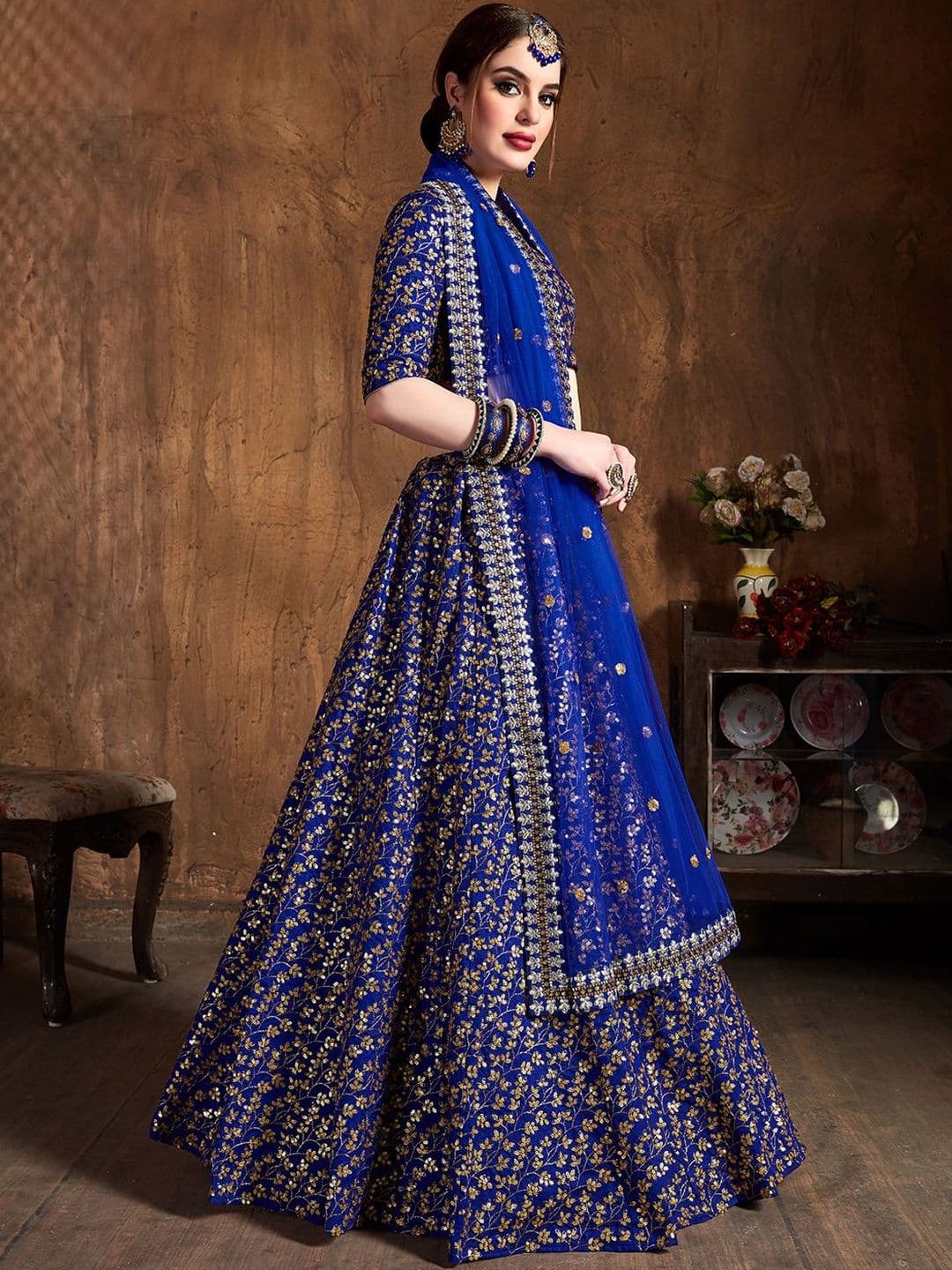 ETHNIC PLUS Blue Embroidered Sequinned Semi-Stitched Lehenga & Unstitched Blouse With Dupatta - view 1