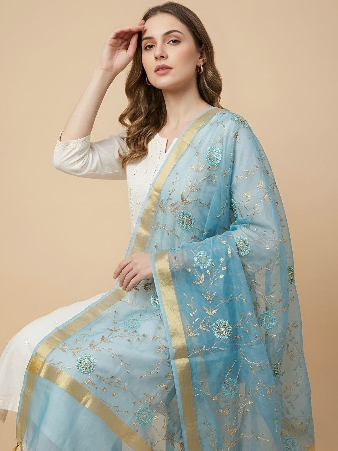 MUFFLY Woven Design Organza Dupatta with Zari - view 1