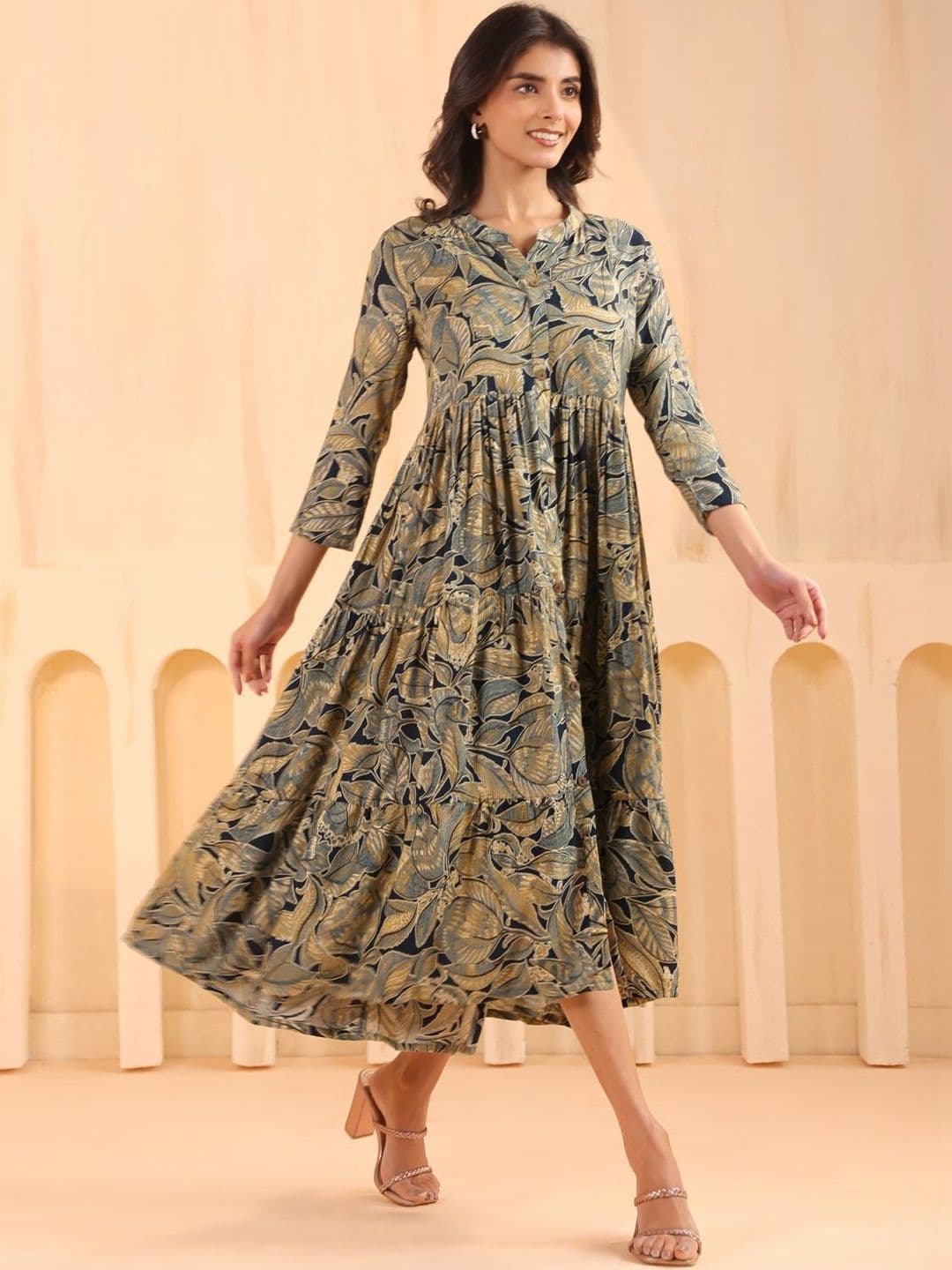 Sangria Printed Mandarin Collar Fit & Flare Midi Dresses - view 1